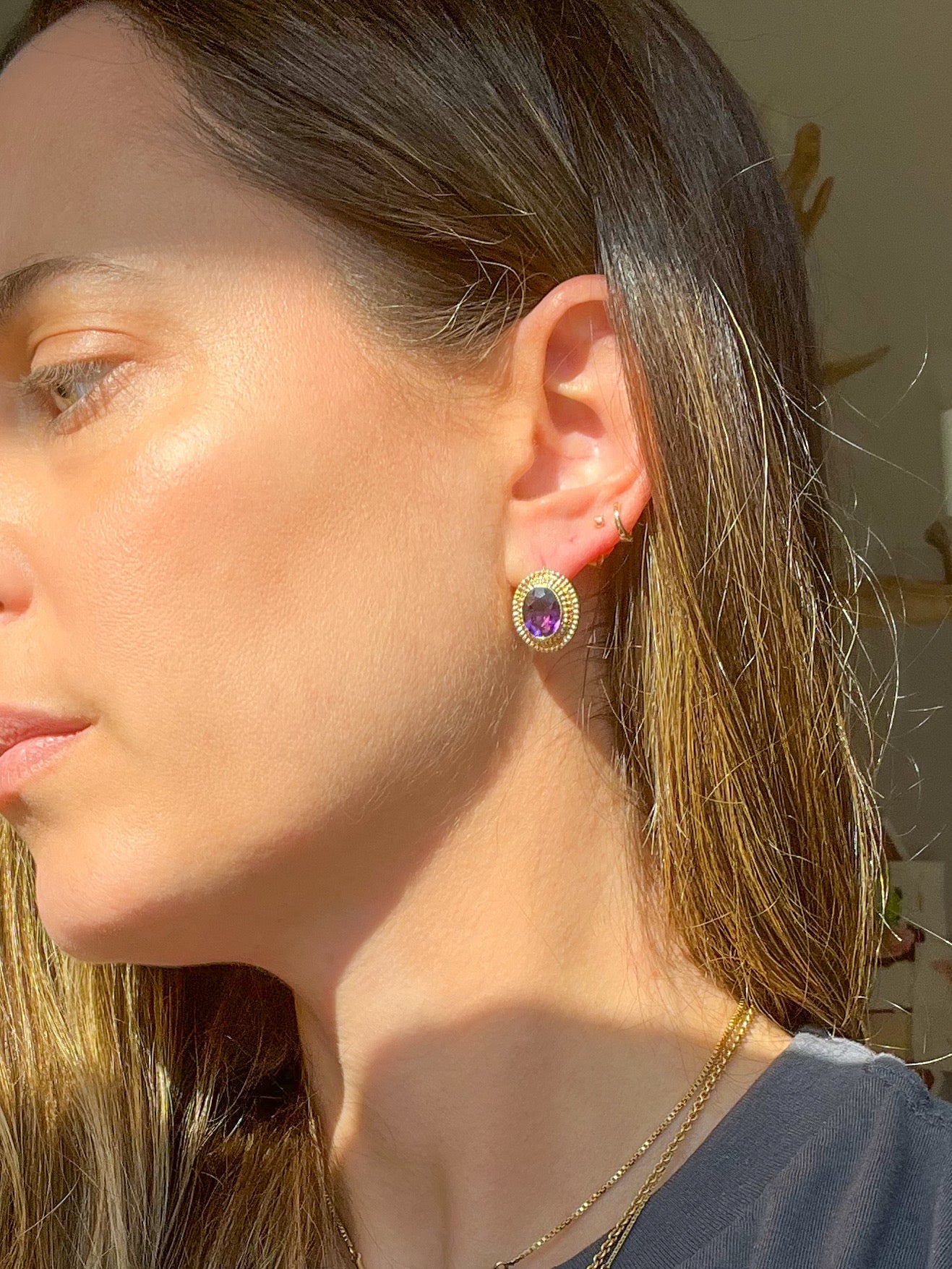 Vintage Natural Oval Amethyst 14k Yellow Gold Earrings, circa 1980s