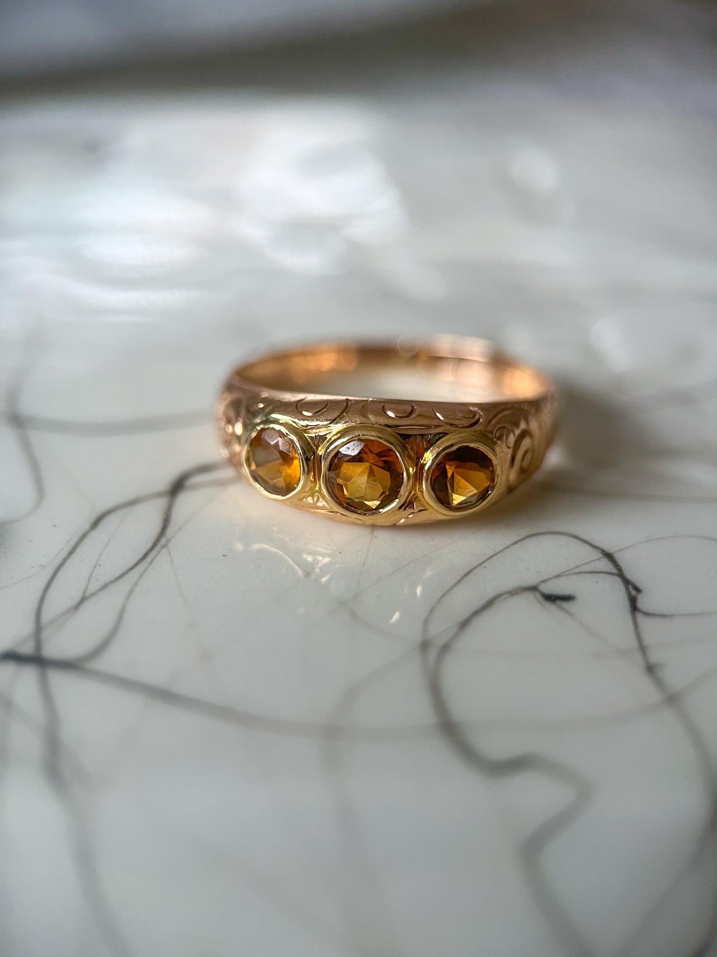 Vintage Three Stone Natural Citrine 10k Yellow Gold Ring