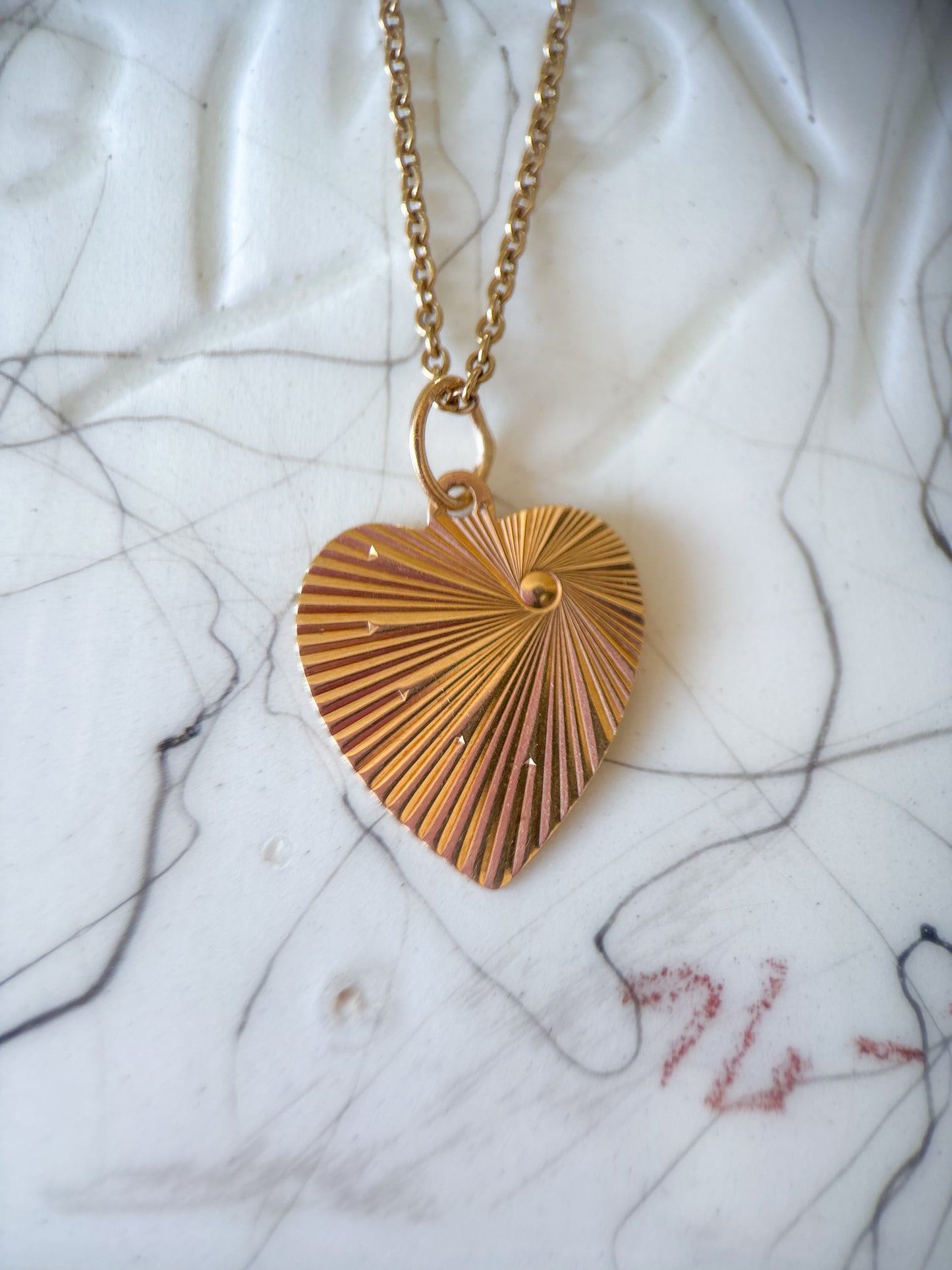 Vintage Engine Turned Heart 14k Yellow Gold Charm, Engraved: "I Am The Lord Thy God"