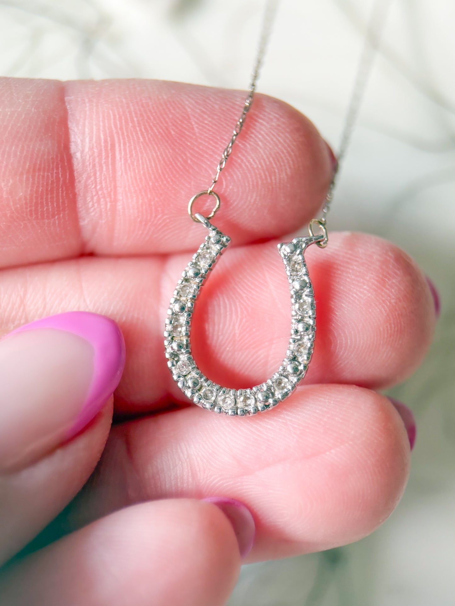 Vintage Natural Diamond Horseshoe Charm 14k White Gold with 20 Inch Chain