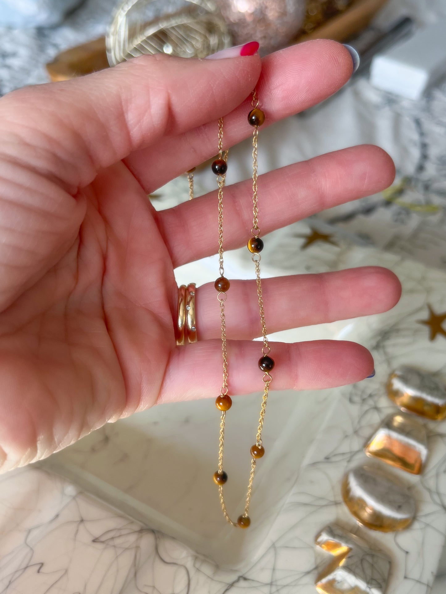 Vintage Tigers Eye Chain 14k Yellow Gold 16 Inch Necklace