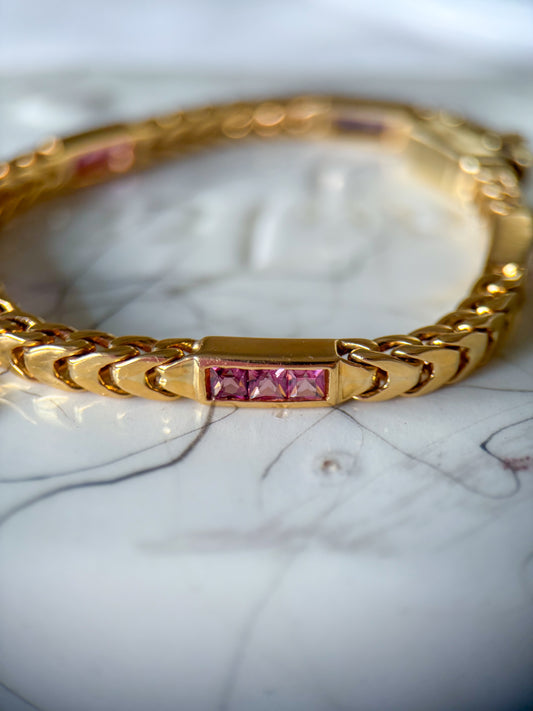 Vintage 18k Yellow Gold Pink and Purple Amethyst 7.5 Inch Bracelet
