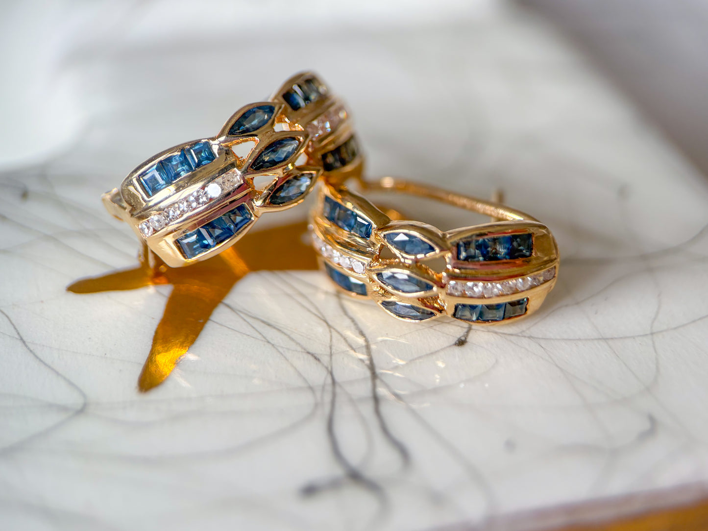 Vintage Natural Sapphire and Diamond 14k Yellow Gold Half Hoop Earrings