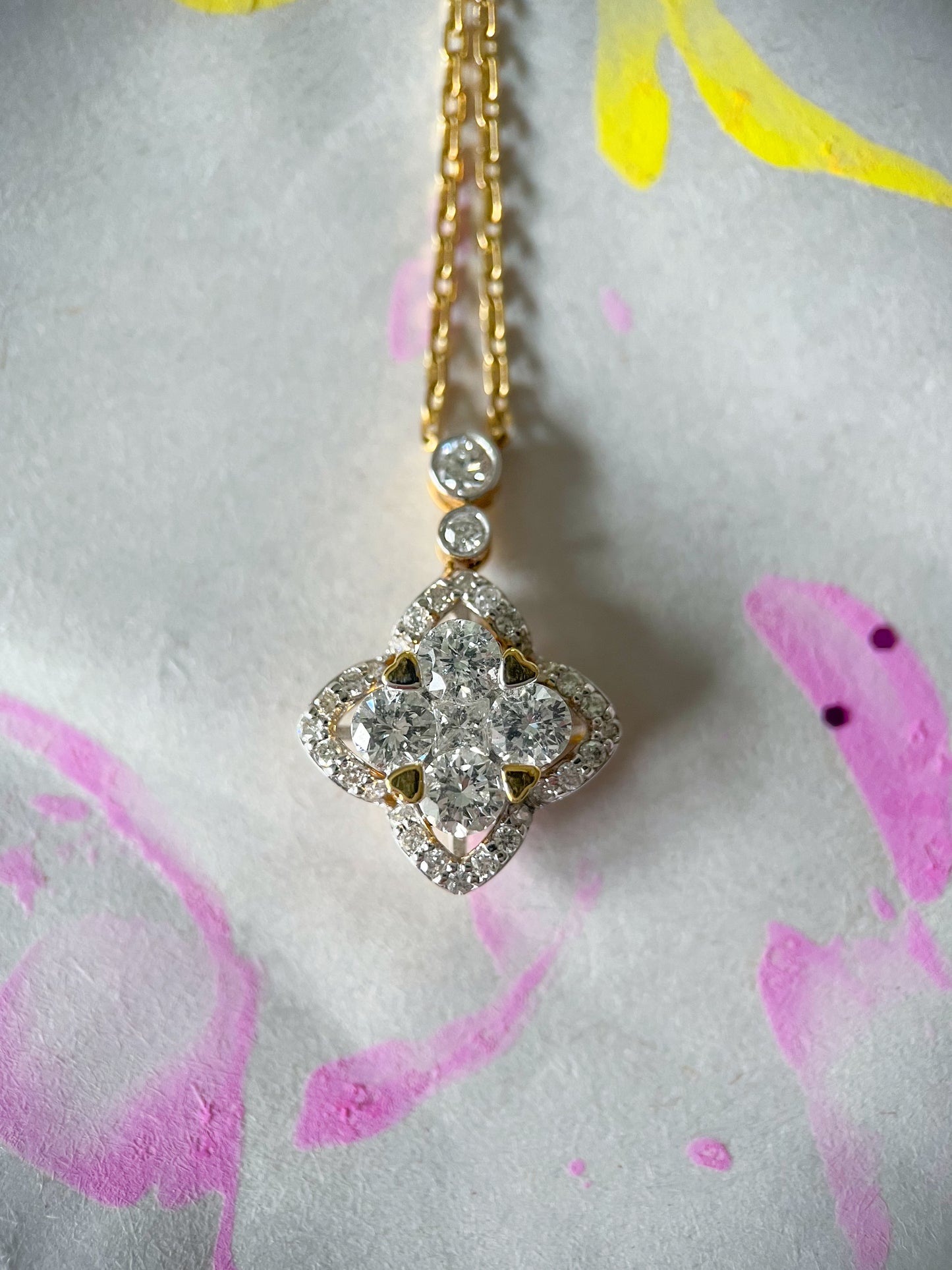 Natural Diamond Clover 18k Yellow Gold Charm with Chain