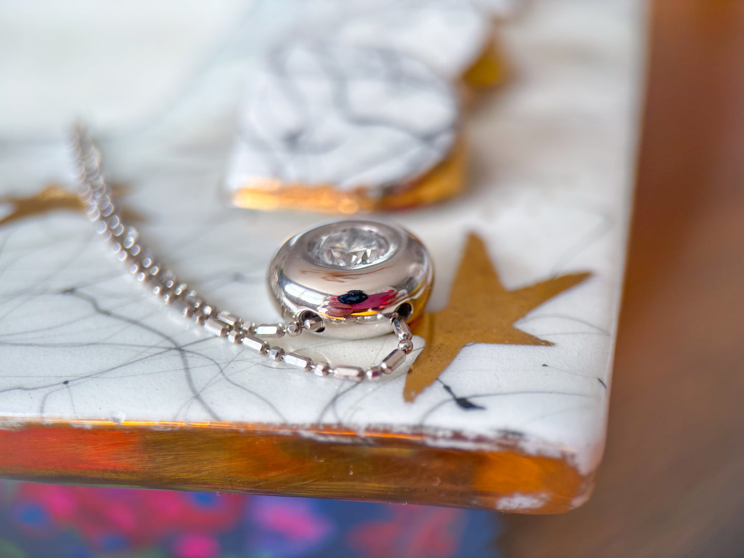 Vintage Bezel Set Natural Diamond Pendant 14k White Gold Charm with Ball Chain