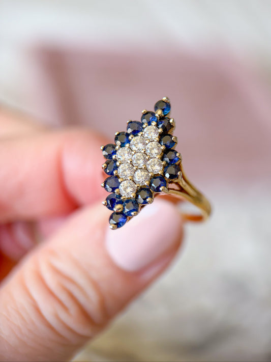 Vintage 14k Yellow Gold Ring with Blue and White CZs