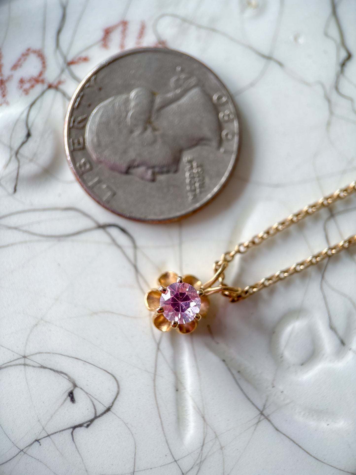 Vintage Pink Stone Flower 14k Yellow Gold Charm