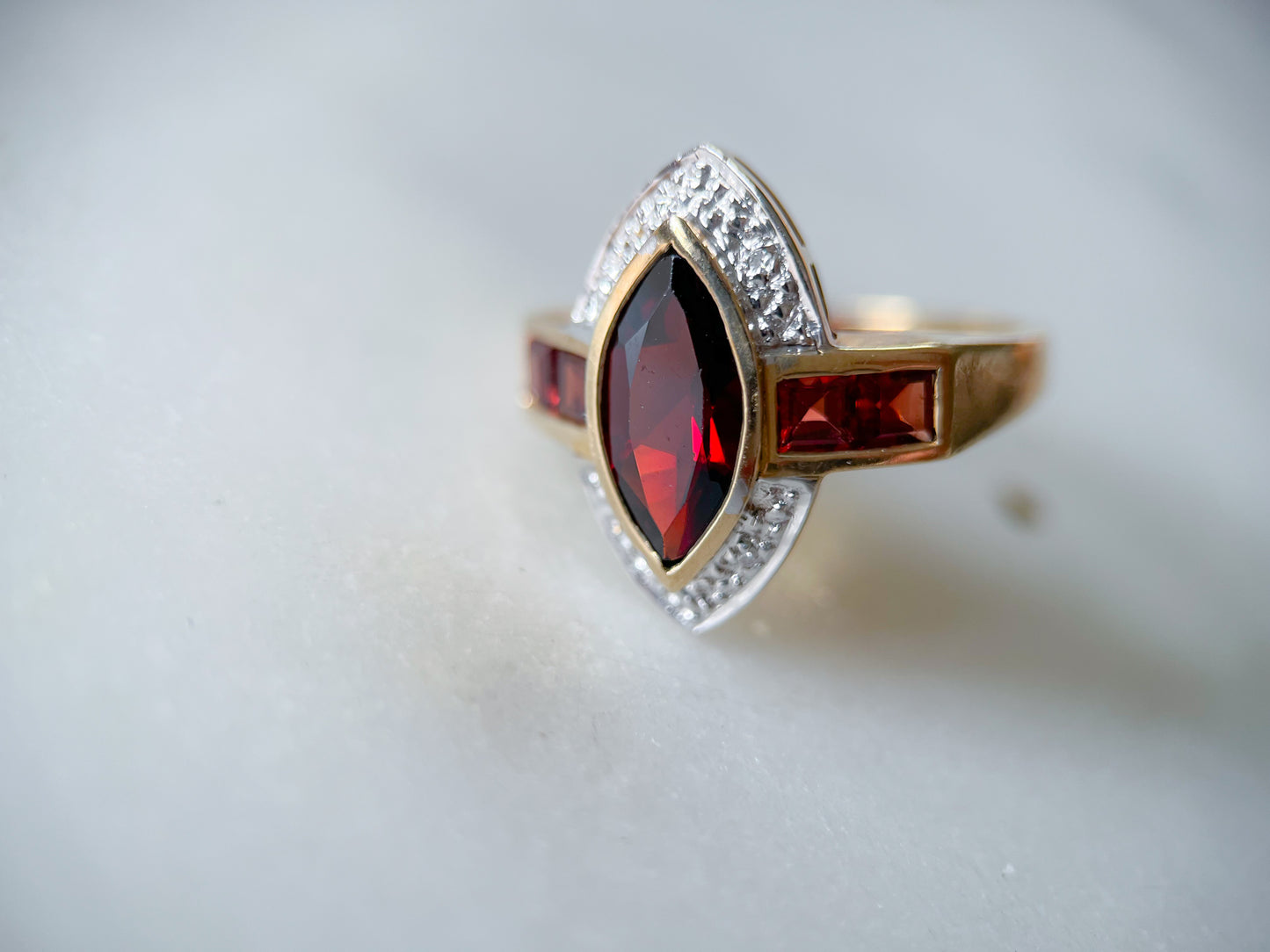 Vintage Natural Marquise Garnet and Diamond 10k Yellow Gold Ring