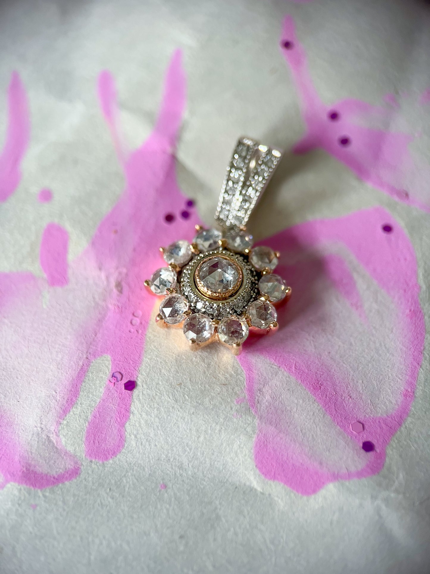 Vintage Natural Diamond Rose Cut Light Pink 14k Rose and White Gold Pendant Charm