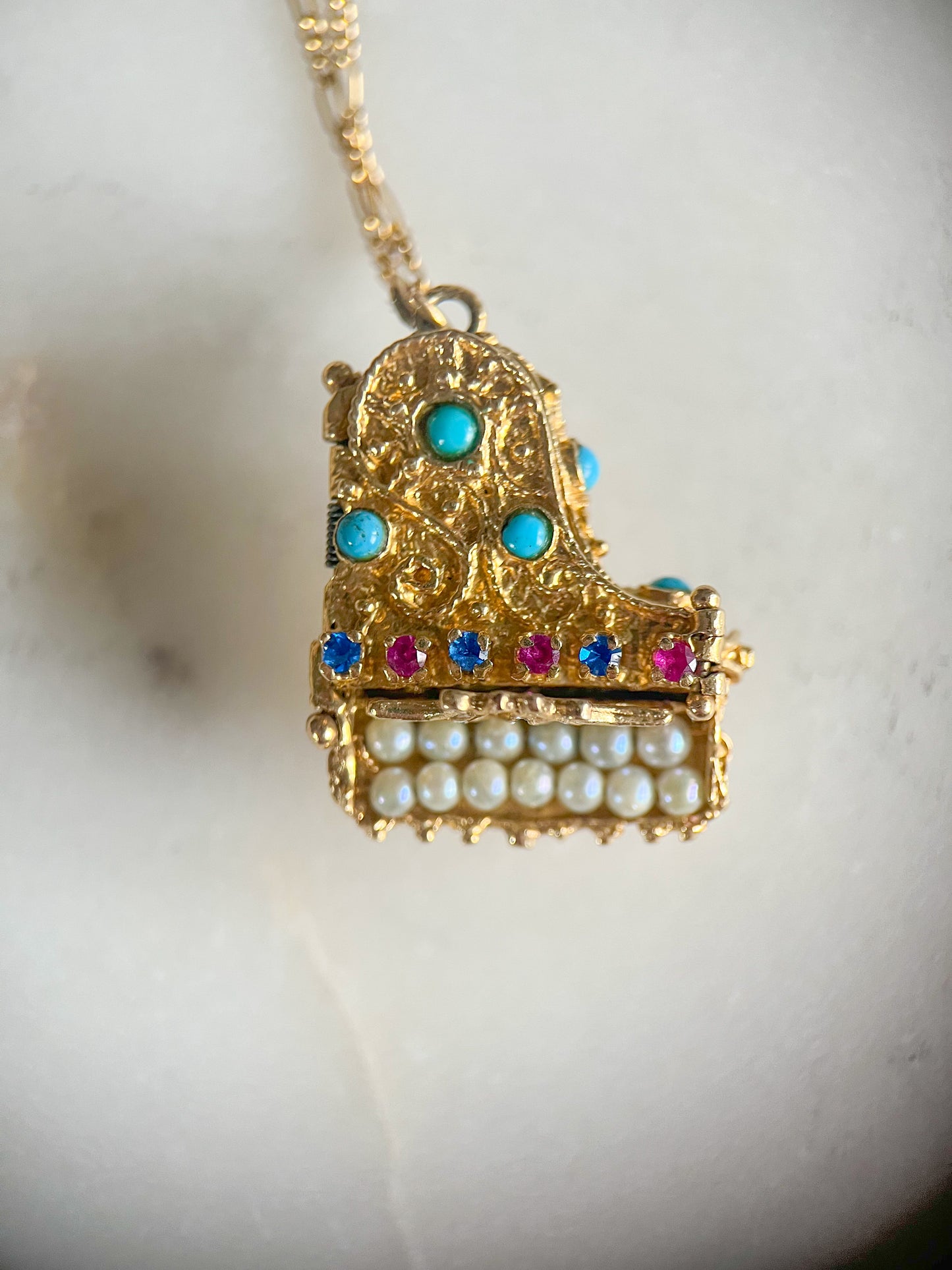 Vintage Grand Piano Charm - Ruby, Sapphire, Pearl, Turquoise and 14k Yellow Gold, circa 1950s