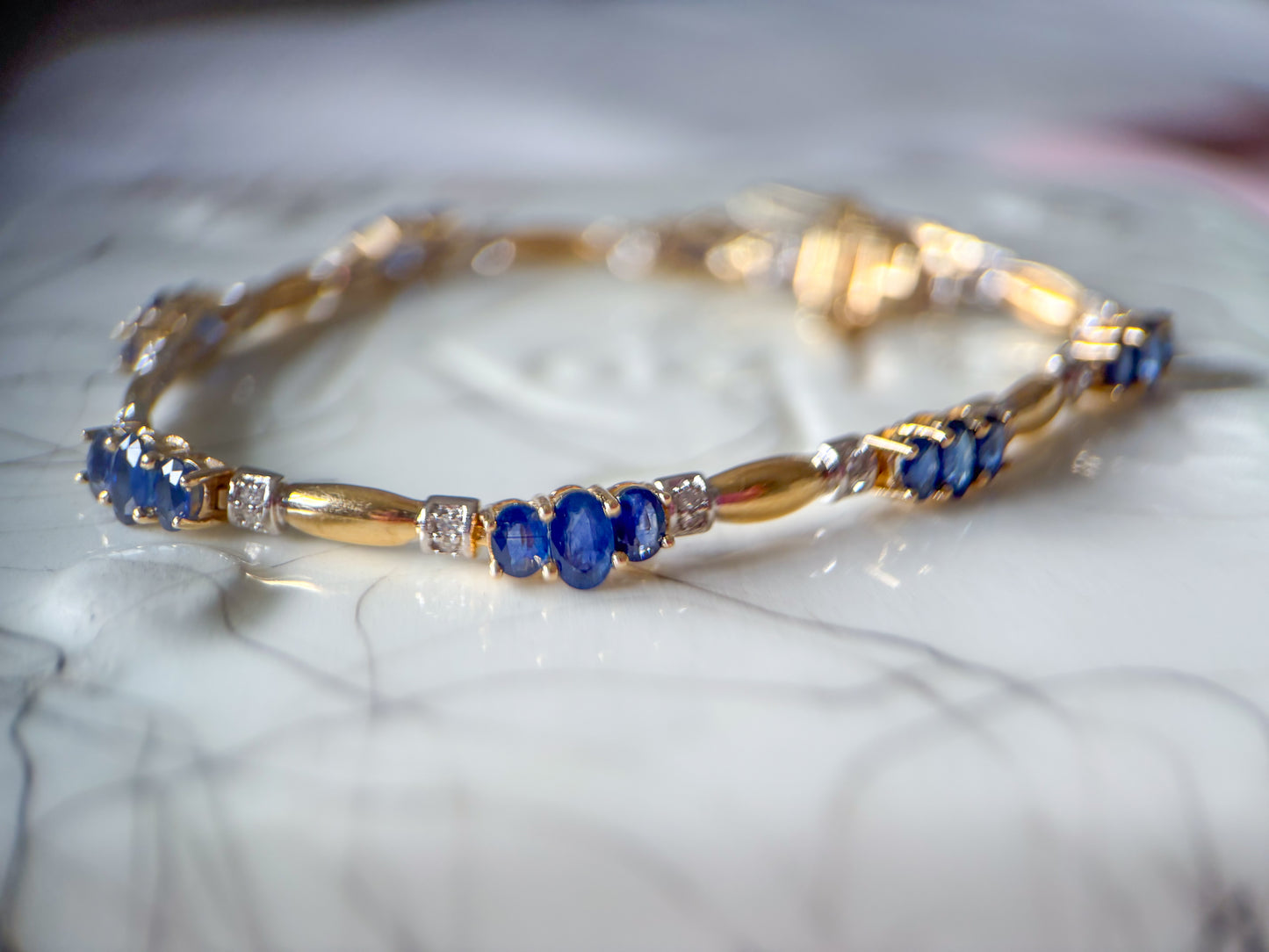 Vintage Natural Sapphire and Diamond 14k Yellow Gold Tennis Bracelet