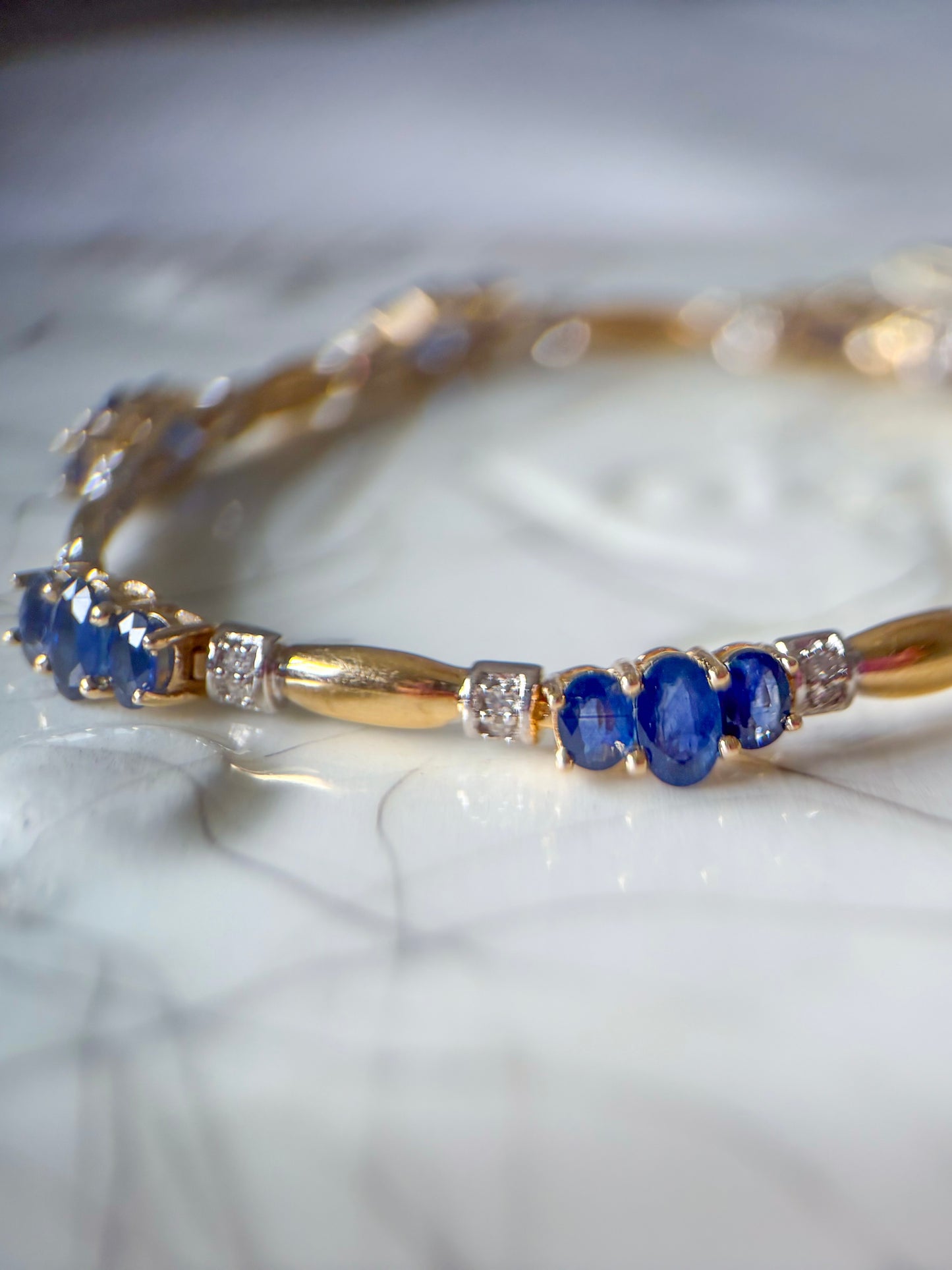 Vintage Natural Sapphire and Diamond 14k Yellow Gold Tennis Bracelet