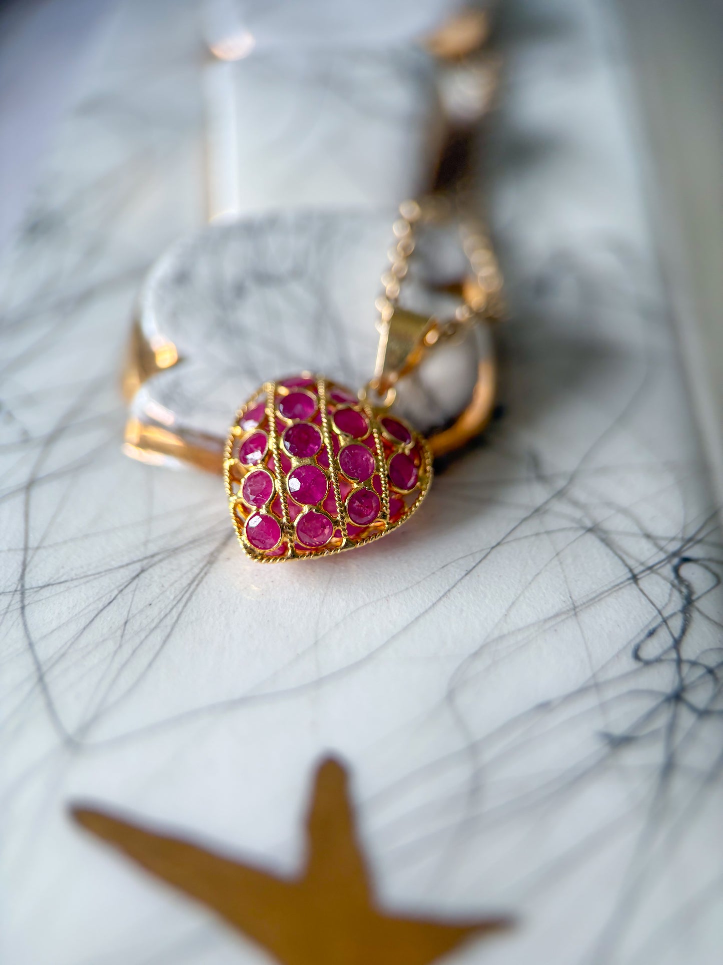 Vintage Natural Ruby Puffy Heart 18k Yellow Gold Charm, Circa 1990's