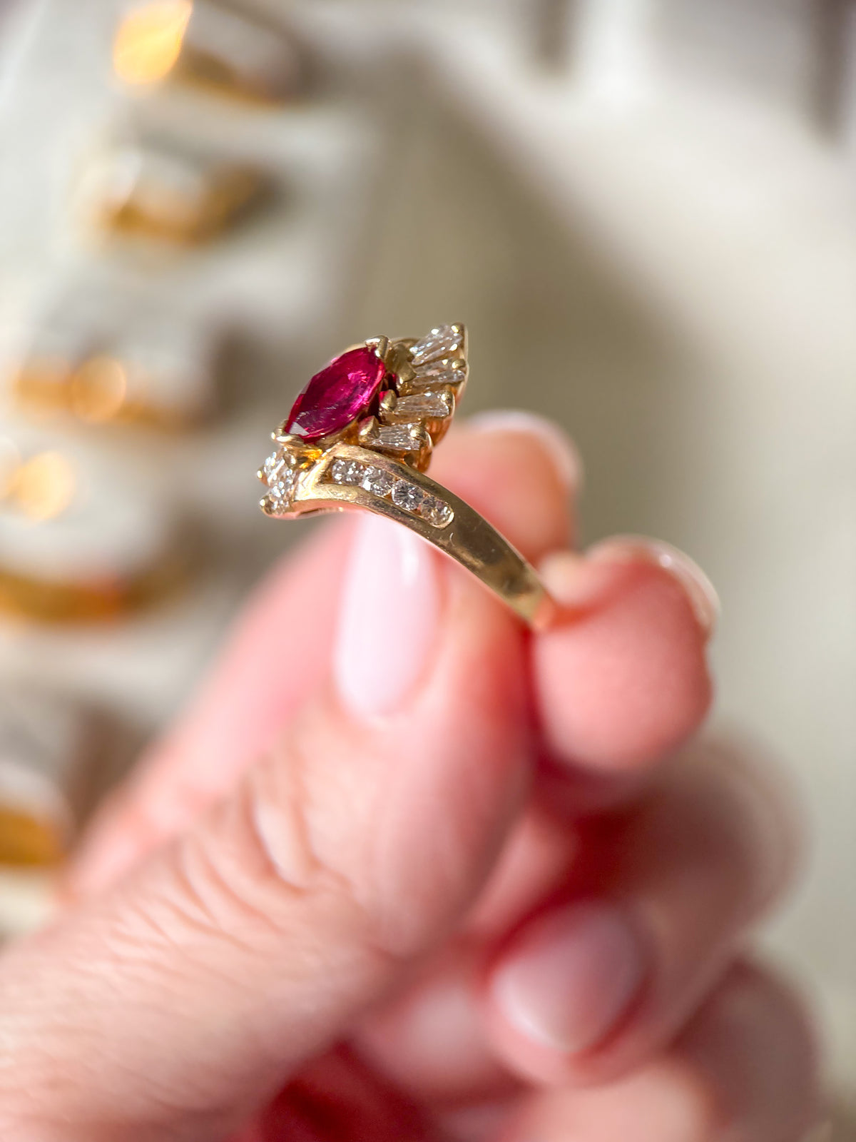 Vintage Marquise Shaped Natural Ruby and Natural Diamond 14k Yellow Gold Ring