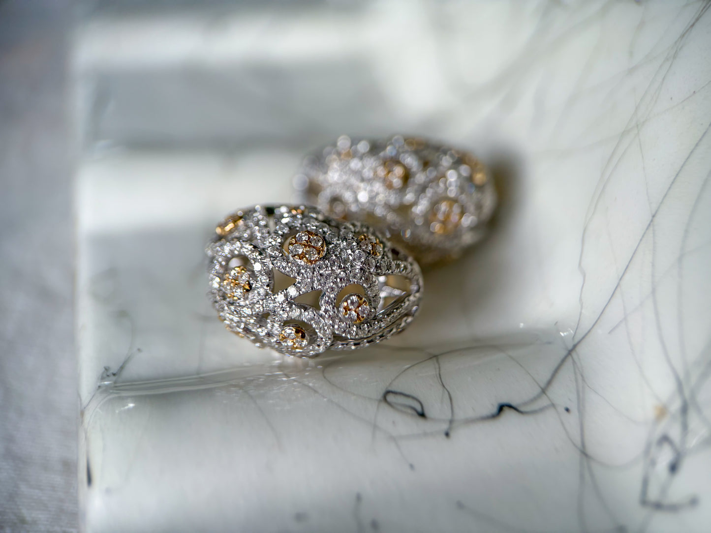 Natural Diamond Puffy Hoop 14k Yellow and White Gold Earrings