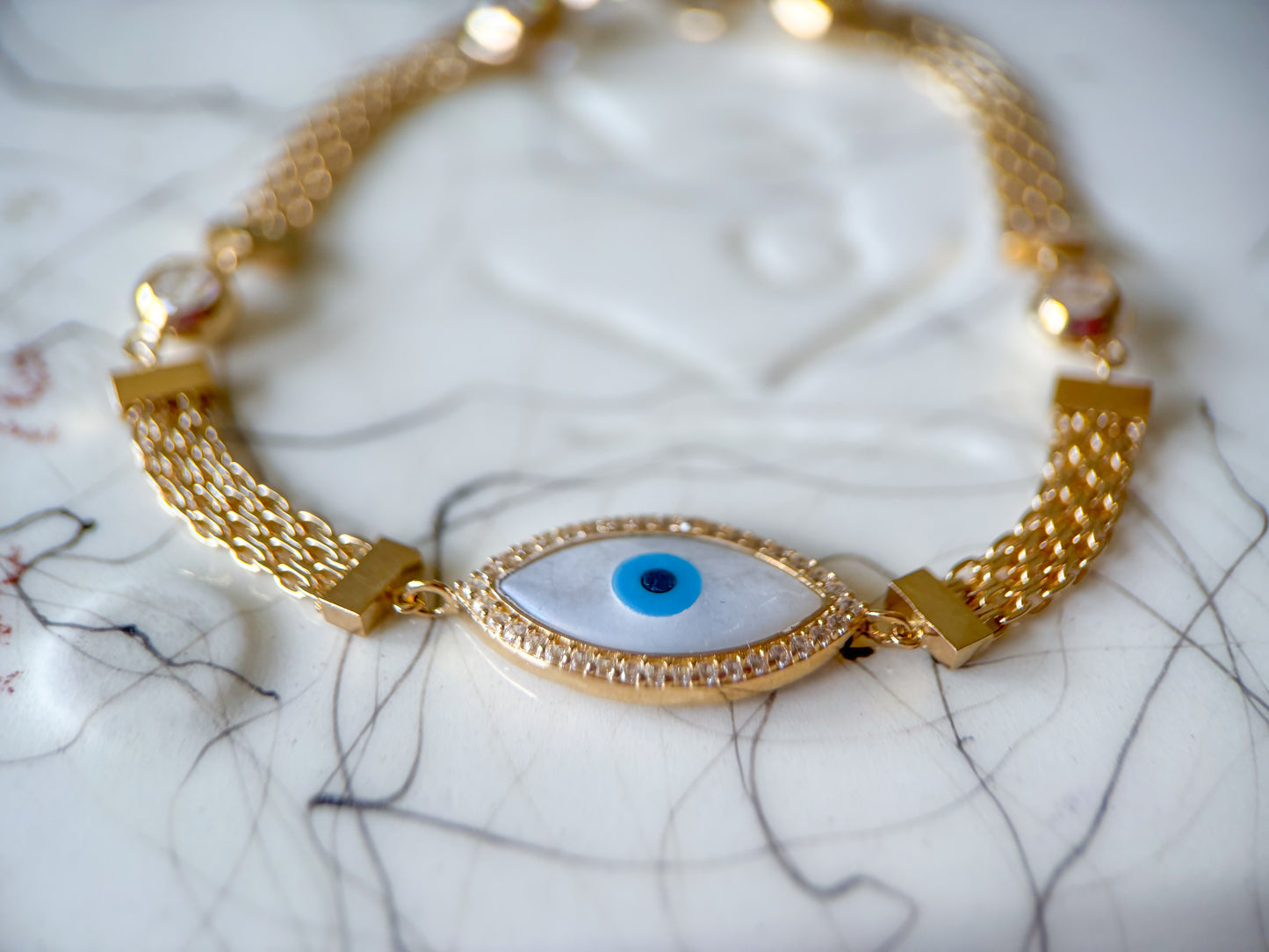 Evil Eye 10k Yellow Gold 7 Inch Byzantine Bracelet