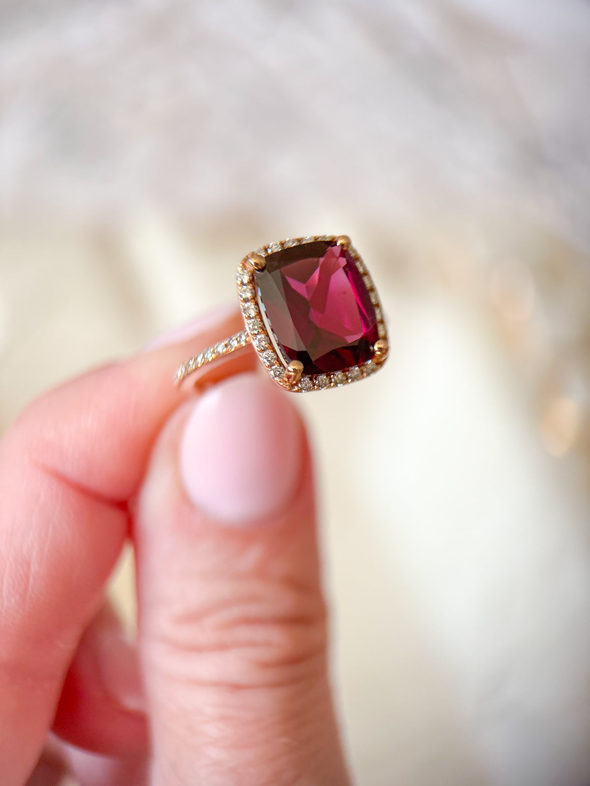 Vintage 14k Rose Gold Natural Rhodolite and Diamond Ring