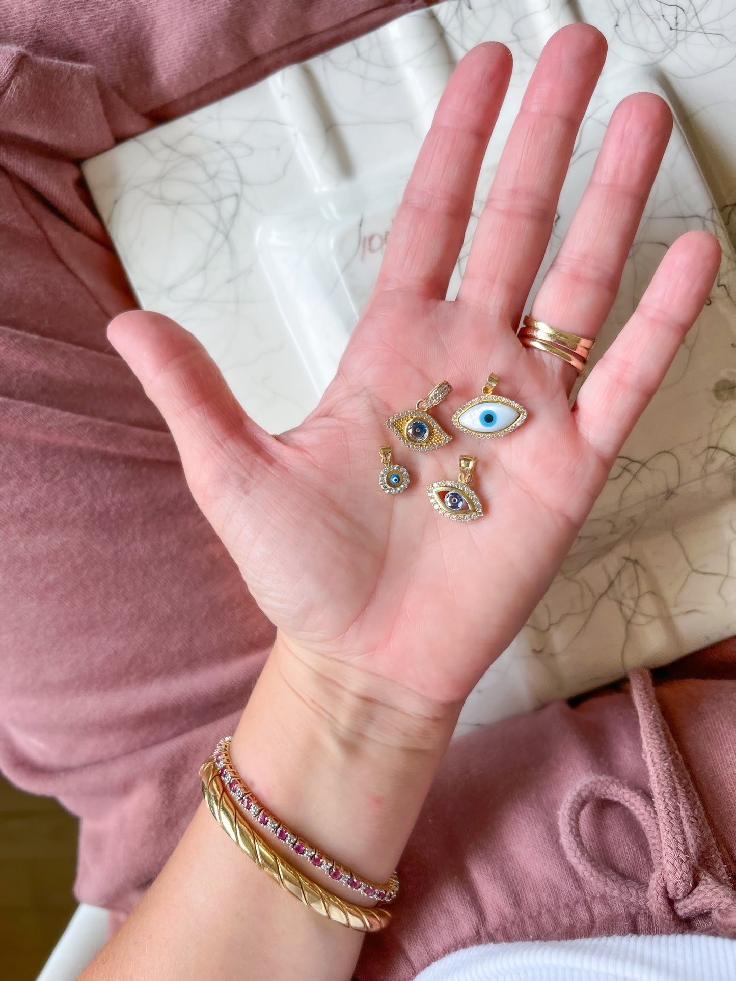 Round Evil Eye 14k Yellow Gold CZ Charm