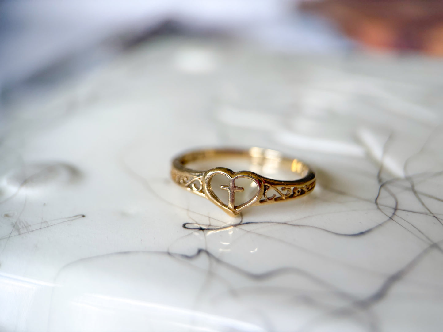 Vintage Heart and Cross 10k Yellow Ring