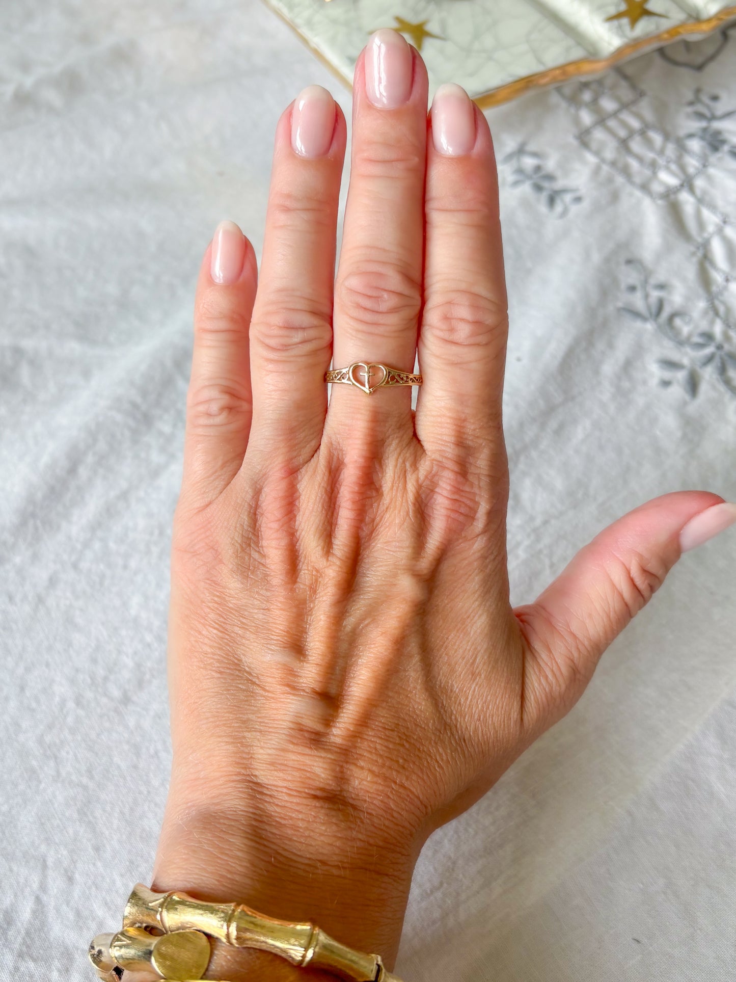 Vintage Heart and Cross 10k Yellow Ring