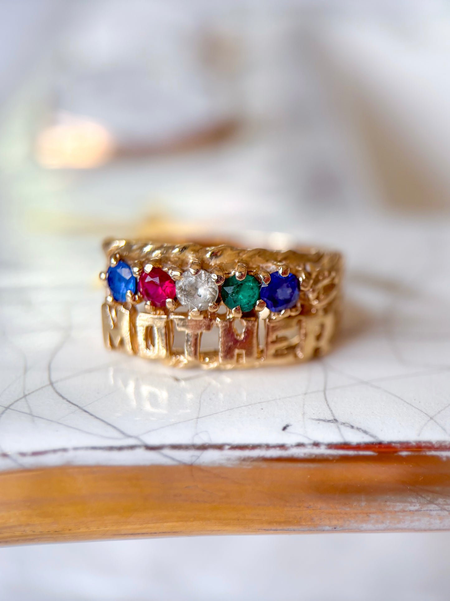 Vintage Multi Synthetic Gemstone 14k Yellow Gold "Mother's Ring"