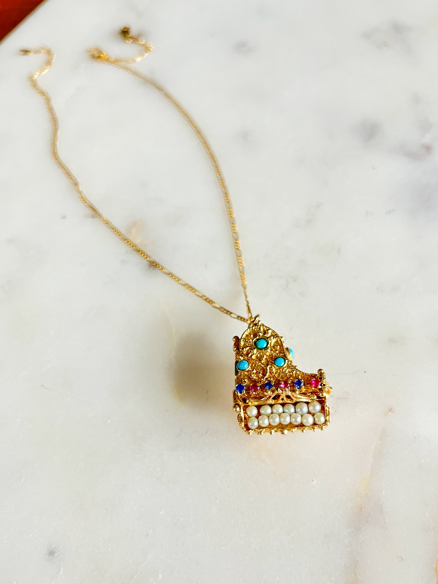 Vintage Grand Piano Charm - Ruby, Sapphire, Pearl, Turquoise and 14k Yellow Gold, circa 1950s