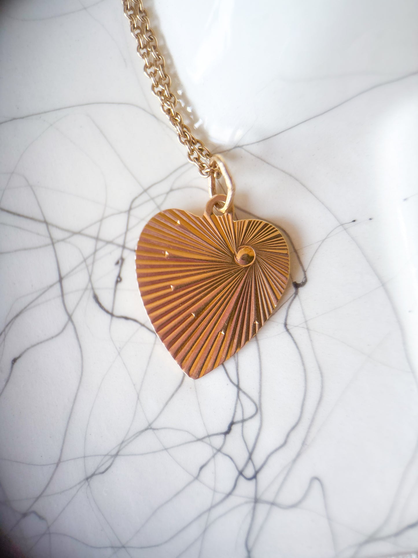 Vintage Engine Turned Heart 14k Yellow Gold Charm, Engraved: "Remember thou keep holy the Sabbath day"