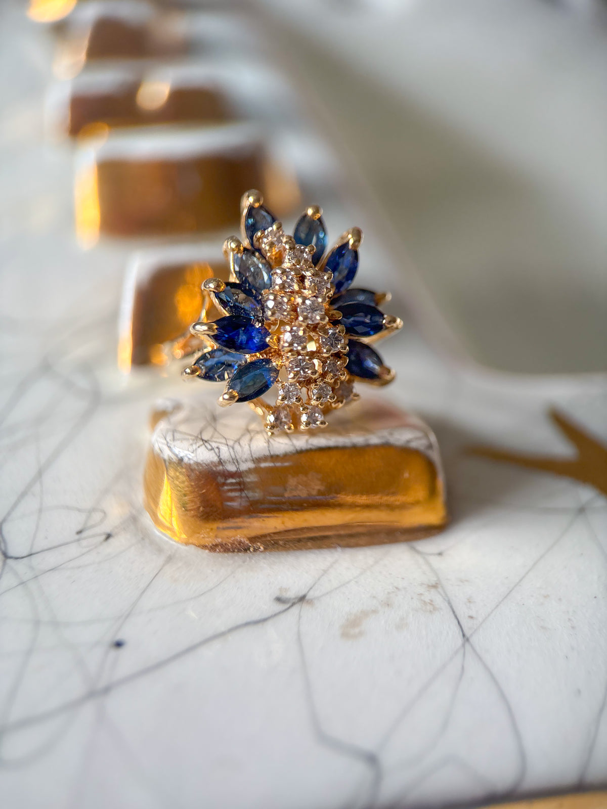 Vintage Natural Sapphire and Diamond Cluster 14k Yellow Gold Ring