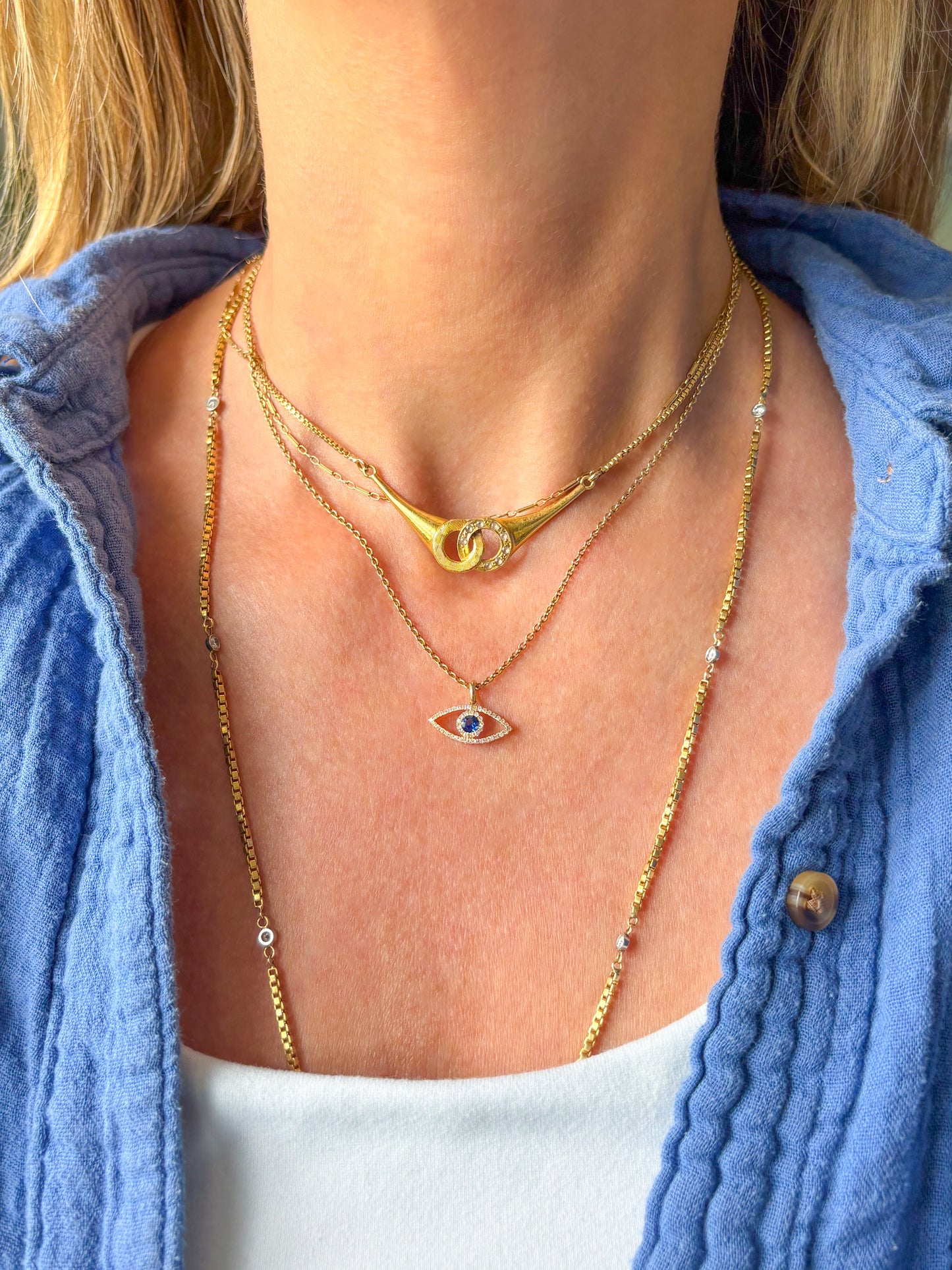 Natural Diamond and Sapphire Evil Eye 14k Yellow Gold Charm