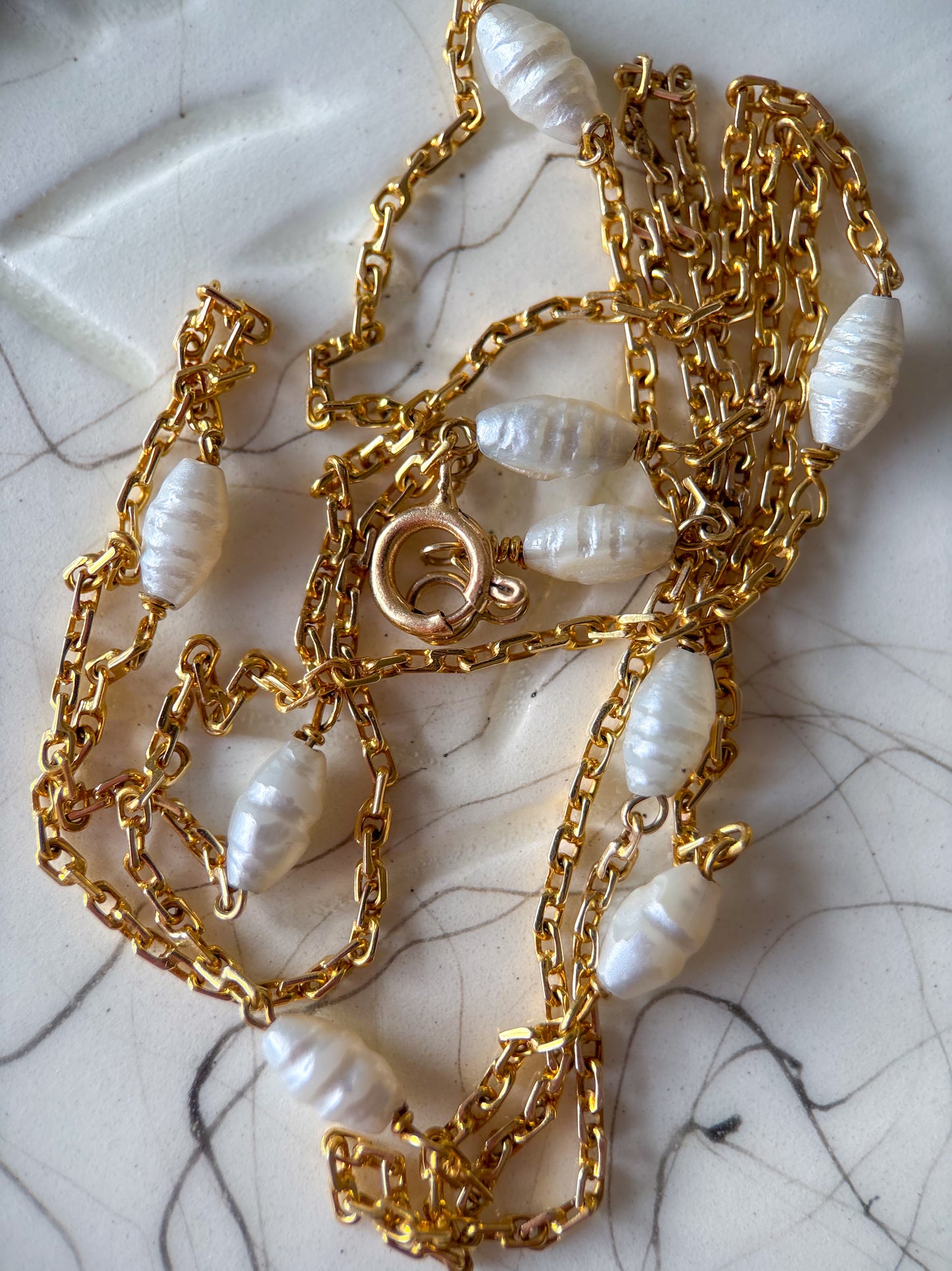 Vintage Natural Pearl 14k Yellow Gold 23 Inch Chain Necklace