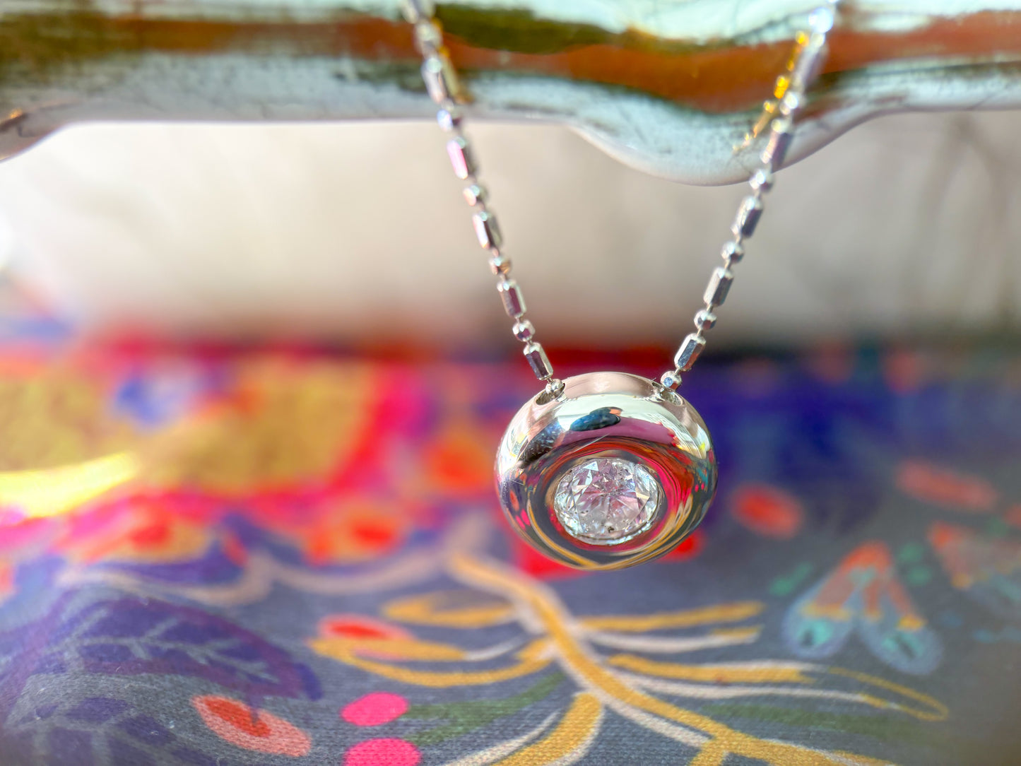 Vintage Bezel Set Natural Diamond Pendant 14k White Gold Charm with Ball Chain