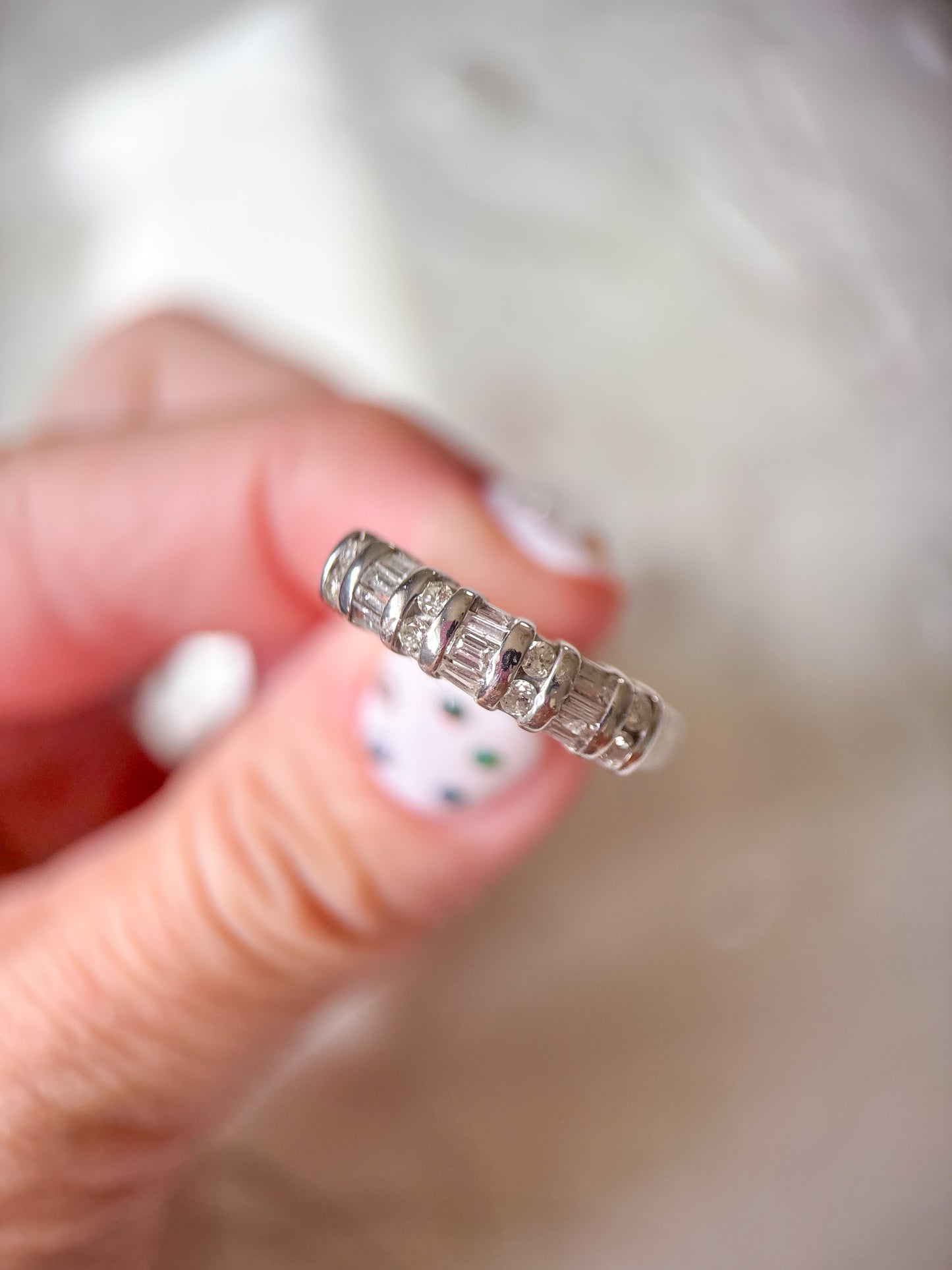 Vintage Natural Round and Baguette Diamond 14k White Gold Half Band Ring