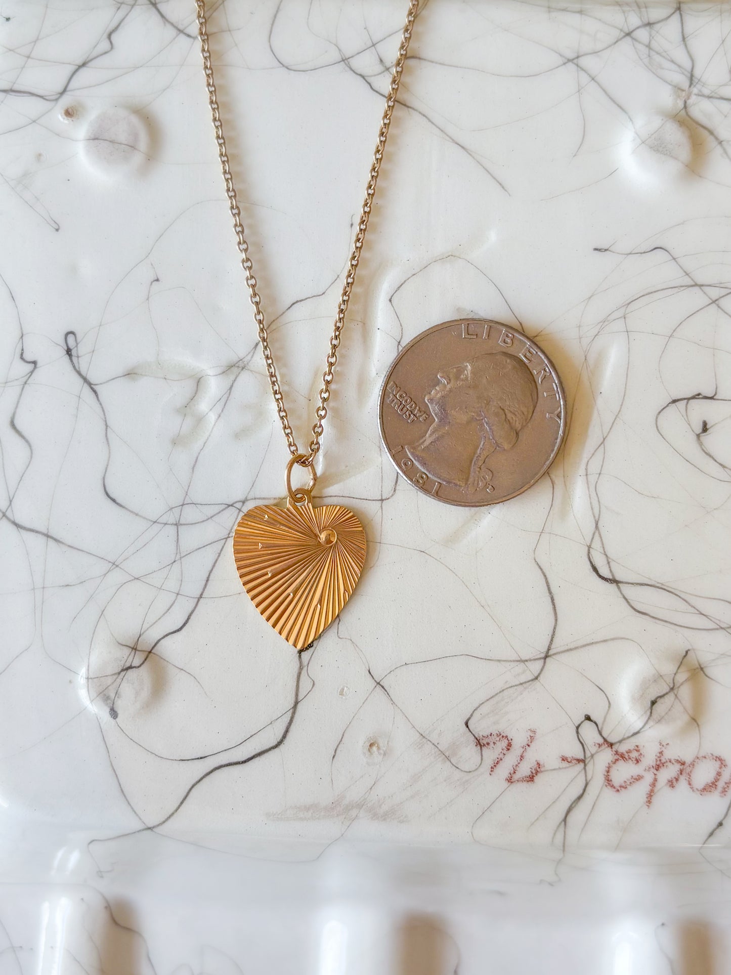 Vintage Engine Turned Heart 14k Yellow Gold Charm, Engraved: "Remember thou keep holy the Sabbath day"