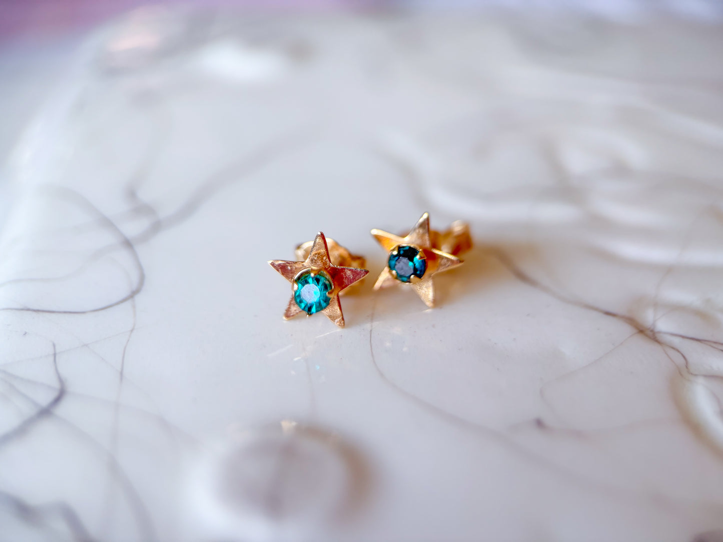 Vintage Star with Turquoise Stones 14k Yellow Gold Stud Earrings