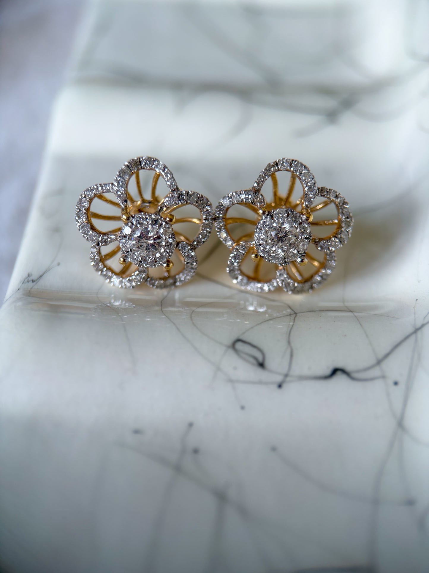 Natural Diamond Flower 14k Yellow Gold Large Stud Earrings
