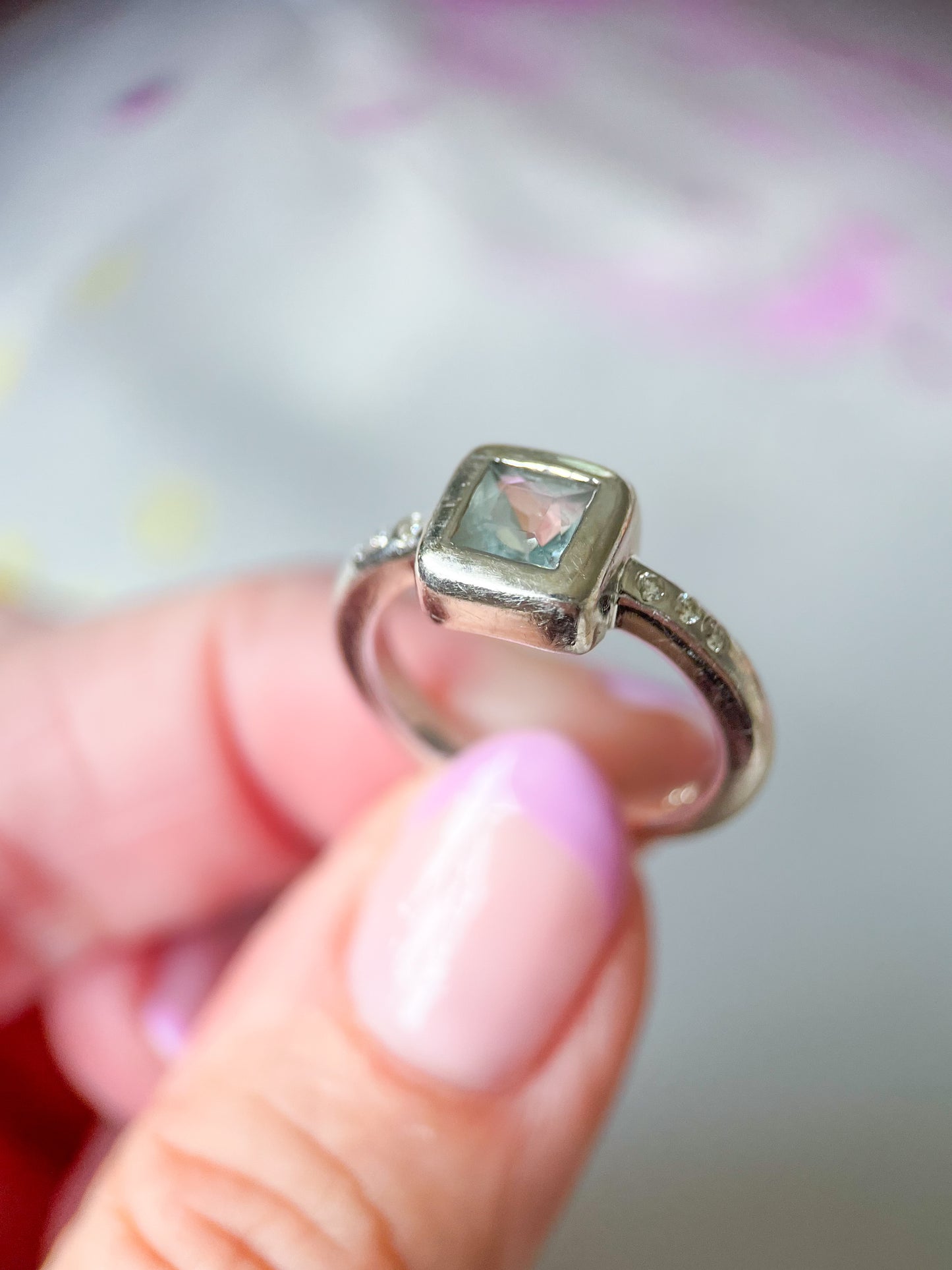 Vintage Natural Aquamarine and Diamond 14k White Gold Ring