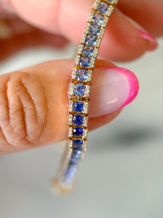 Natural Sapphire and Diamond Ombré 14k Yellow Gold 7 Inch Tennis Bracelet