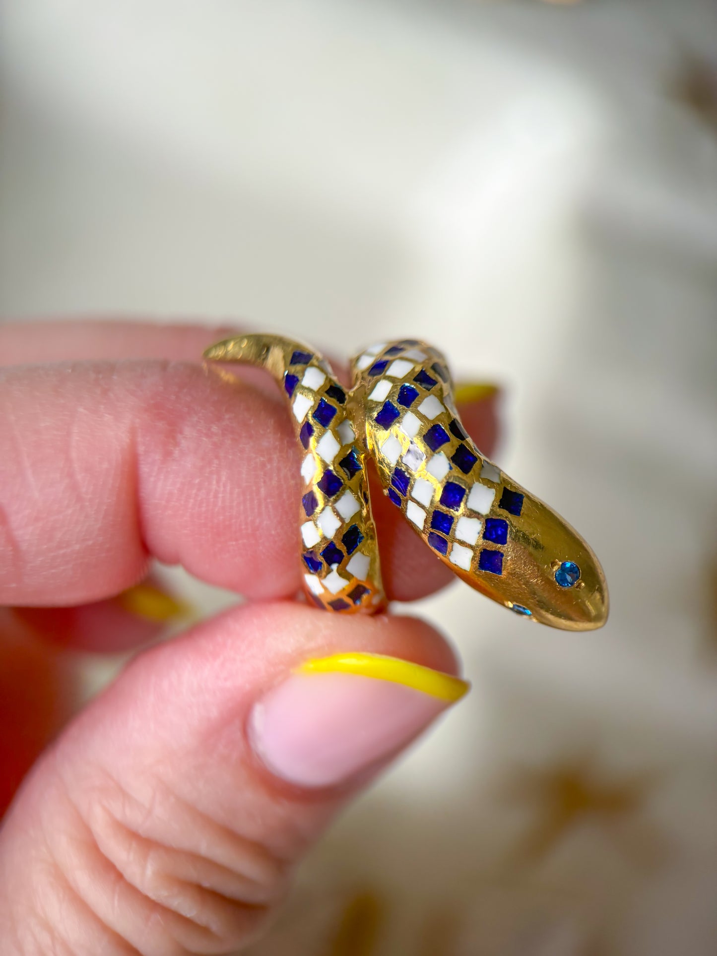 Vintage Enamel and Natural Sapphire 18k Yellow Gold Snake Ring, Size 3 1/4, circa 1960s