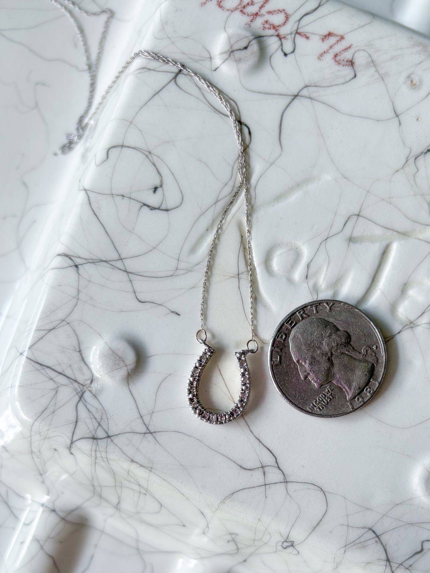 Vintage Natural Diamond Horseshoe Charm 14k White Gold with 20 Inch Chain