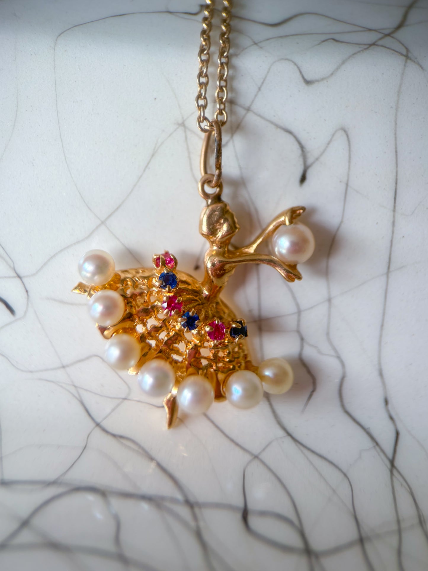 Vintage Ballerina with Natural Rubies, Sapphires and Pearls 14k Yellow Gold Charm