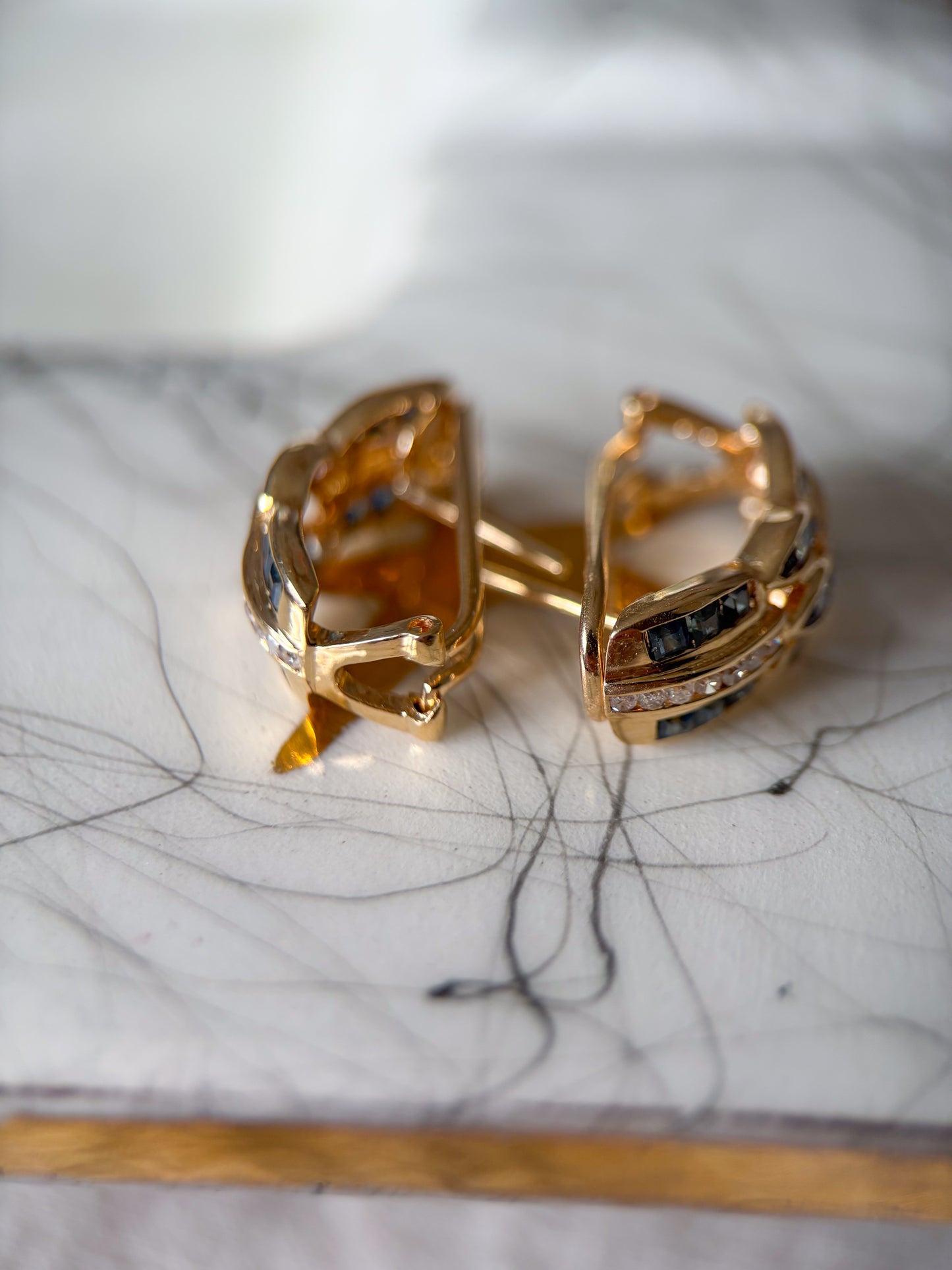 Vintage Natural Sapphire and Diamond 14k Yellow Gold Half Hoop Earrings