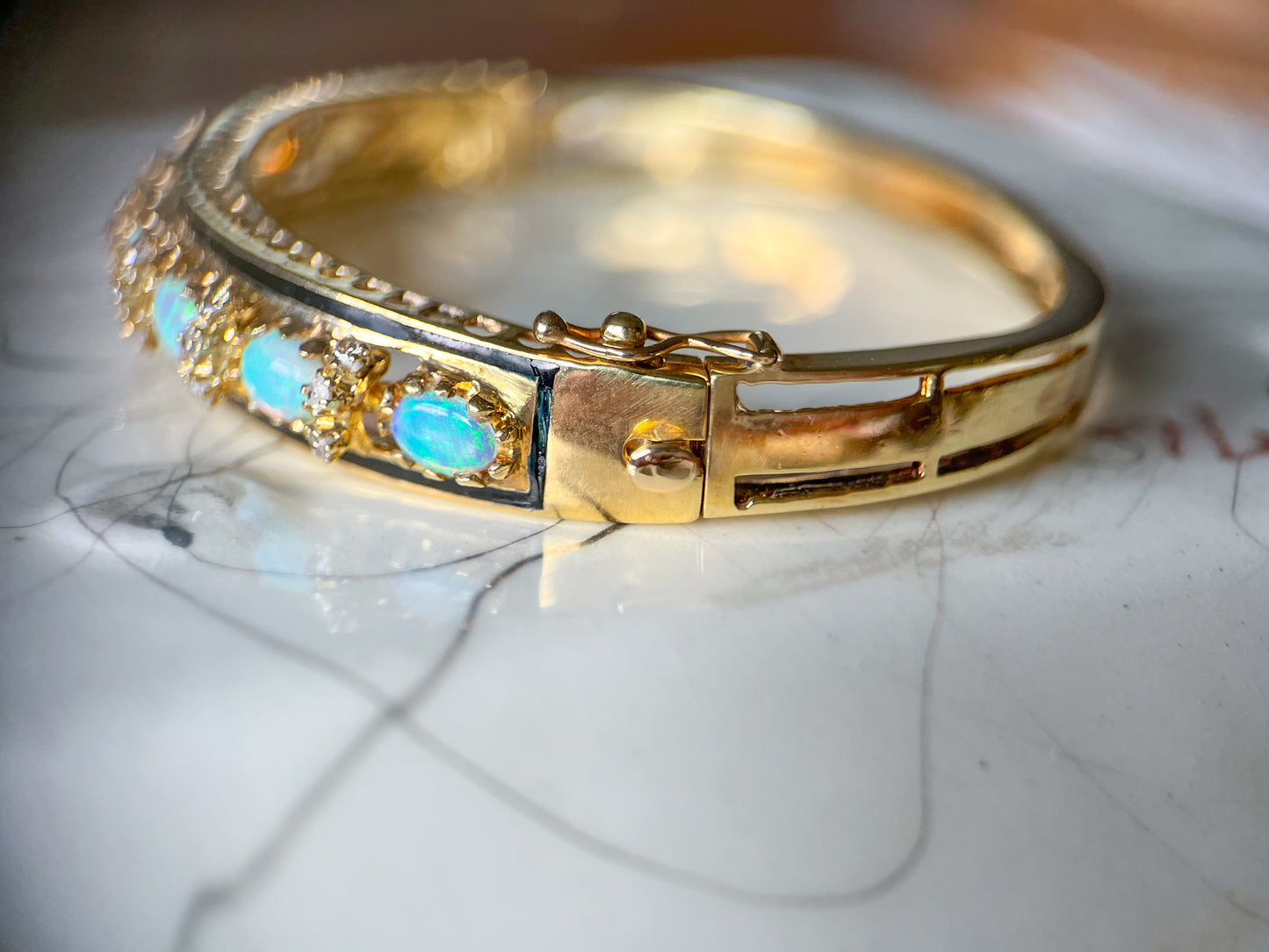 Vintage Opal, Natural Diamond and Enamel 14k Yellow Gold Bangle