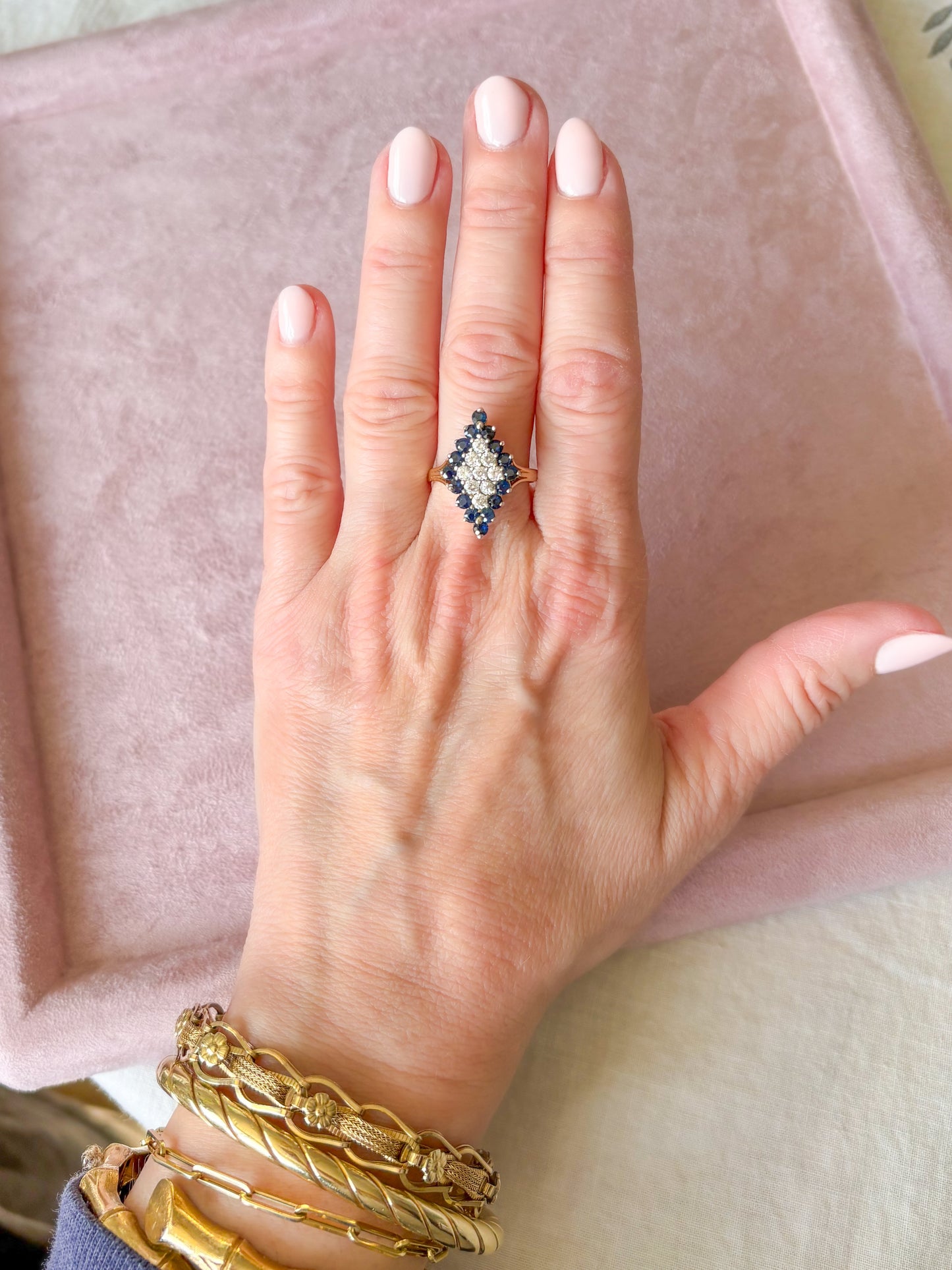 Vintage 14k Yellow Gold Ring with Blue and White CZs
