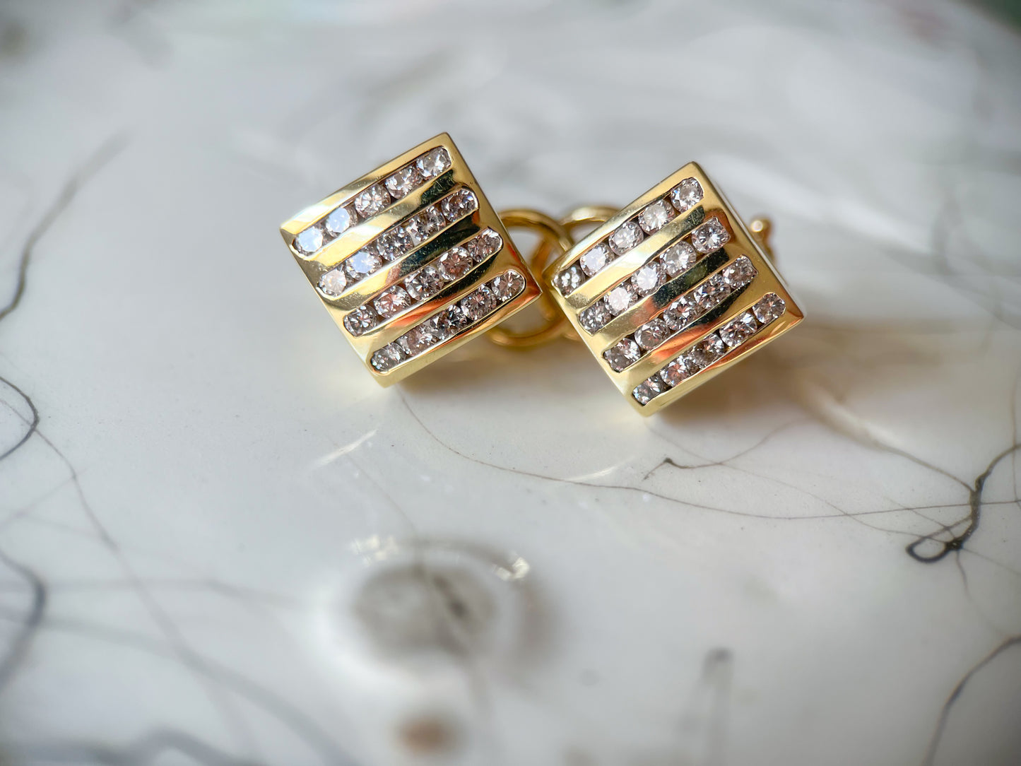 Vintage Square Natural Diamond 14k Yellow Gold Stud Earrings