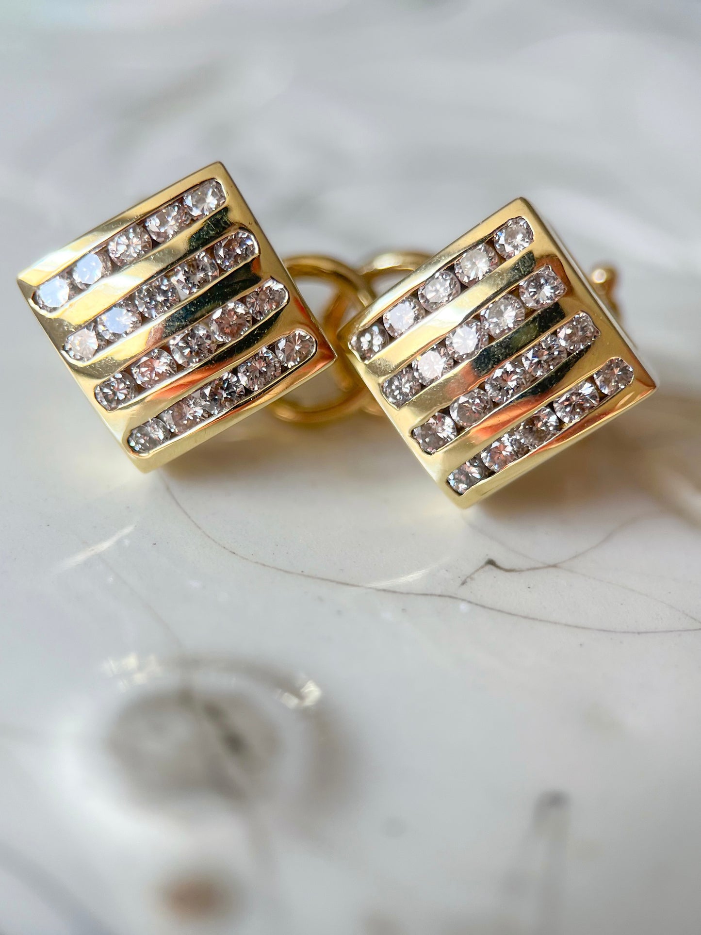 Vintage Square Natural Diamond 14k Yellow Gold Stud Earrings
