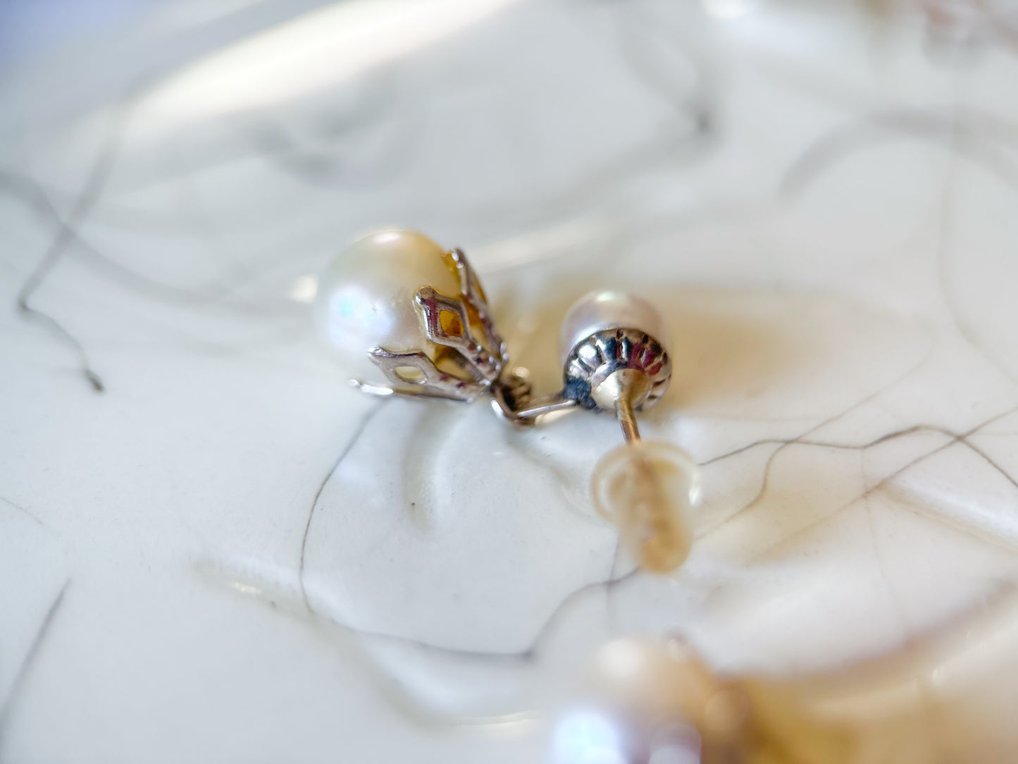 Vintage Pearl 14k White Gold Dangle Earrings