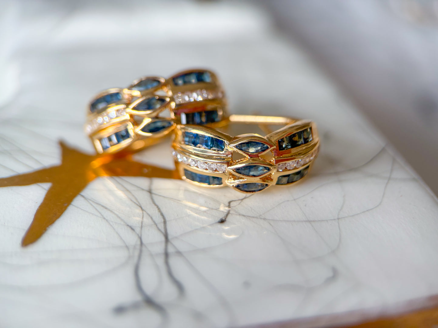 Vintage Natural Sapphire and Diamond 14k Yellow Gold Half Hoop Earrings