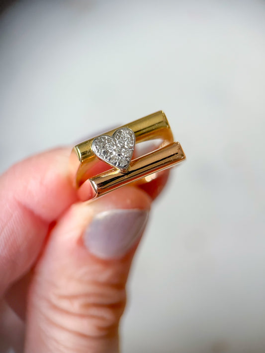 Vintage Double Bar Natural Diamond Heart Two Toned 14k Rose and Yellow Gold Ring