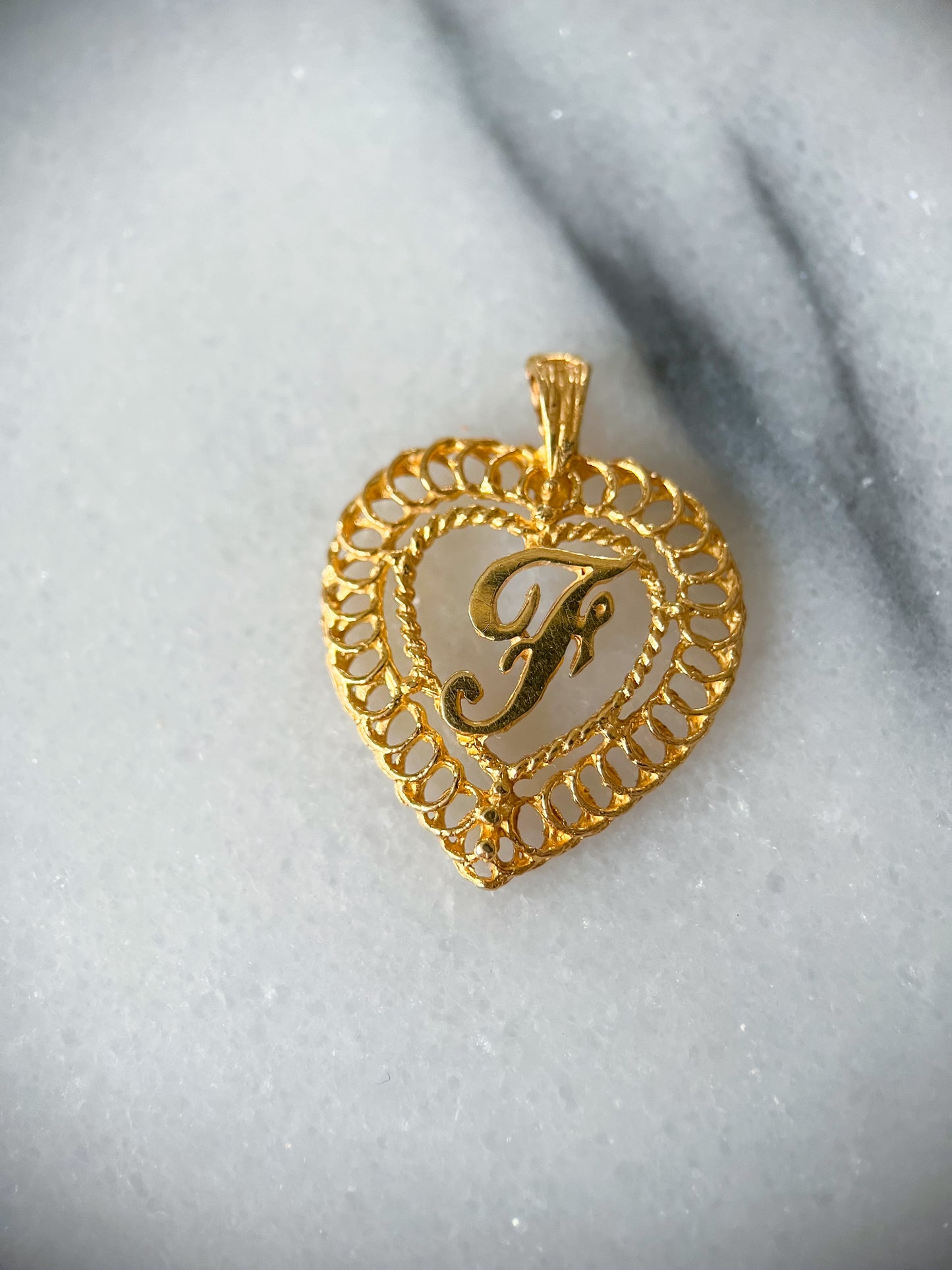 Vintage Script "F" Heart Charm 14k Yellow Gold Charm