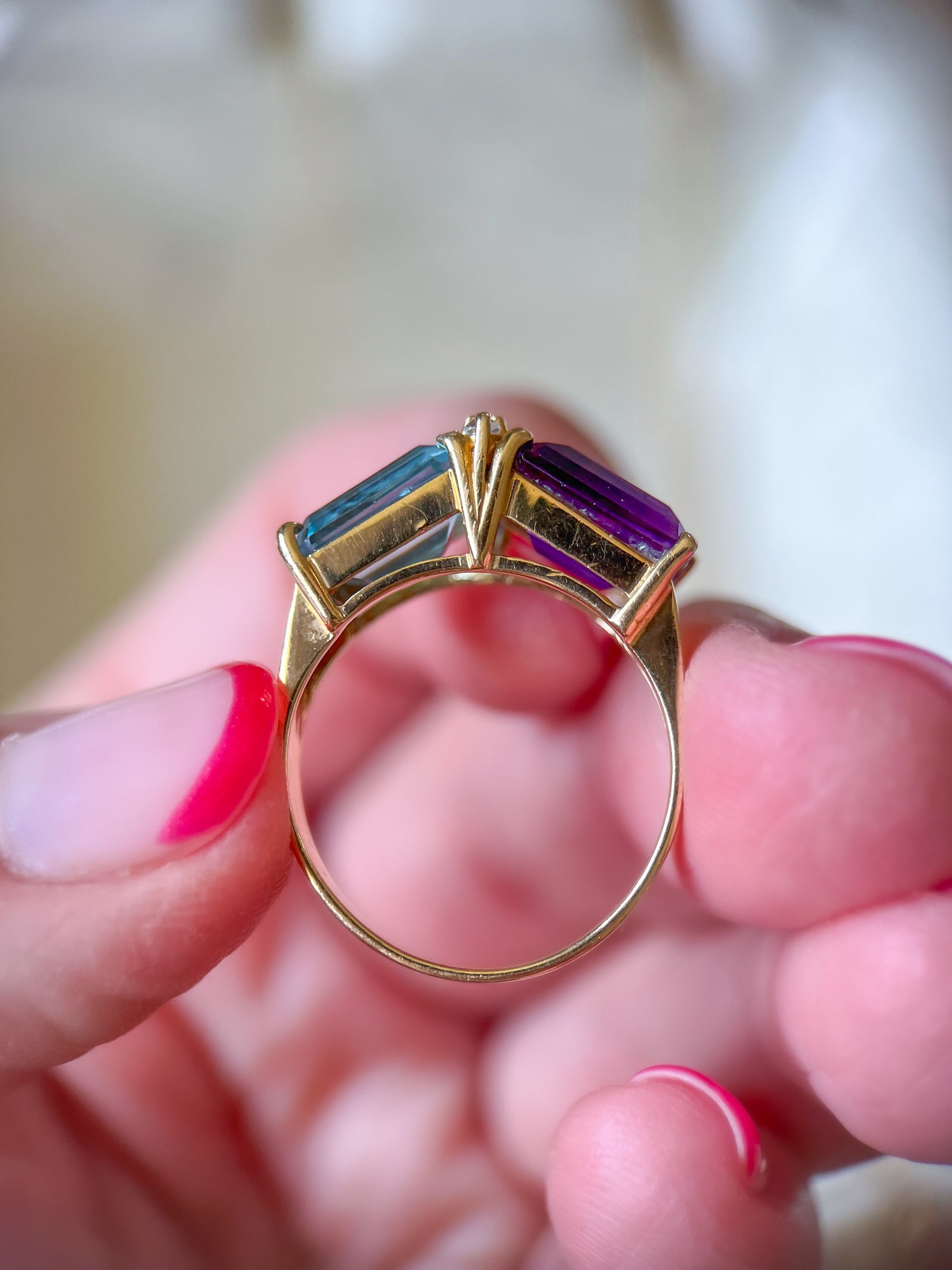 Vintage Natural Amethyst and Topaz Two Stone Ring with Natural Diamonds 14k Yellow Gold, circa 1980s